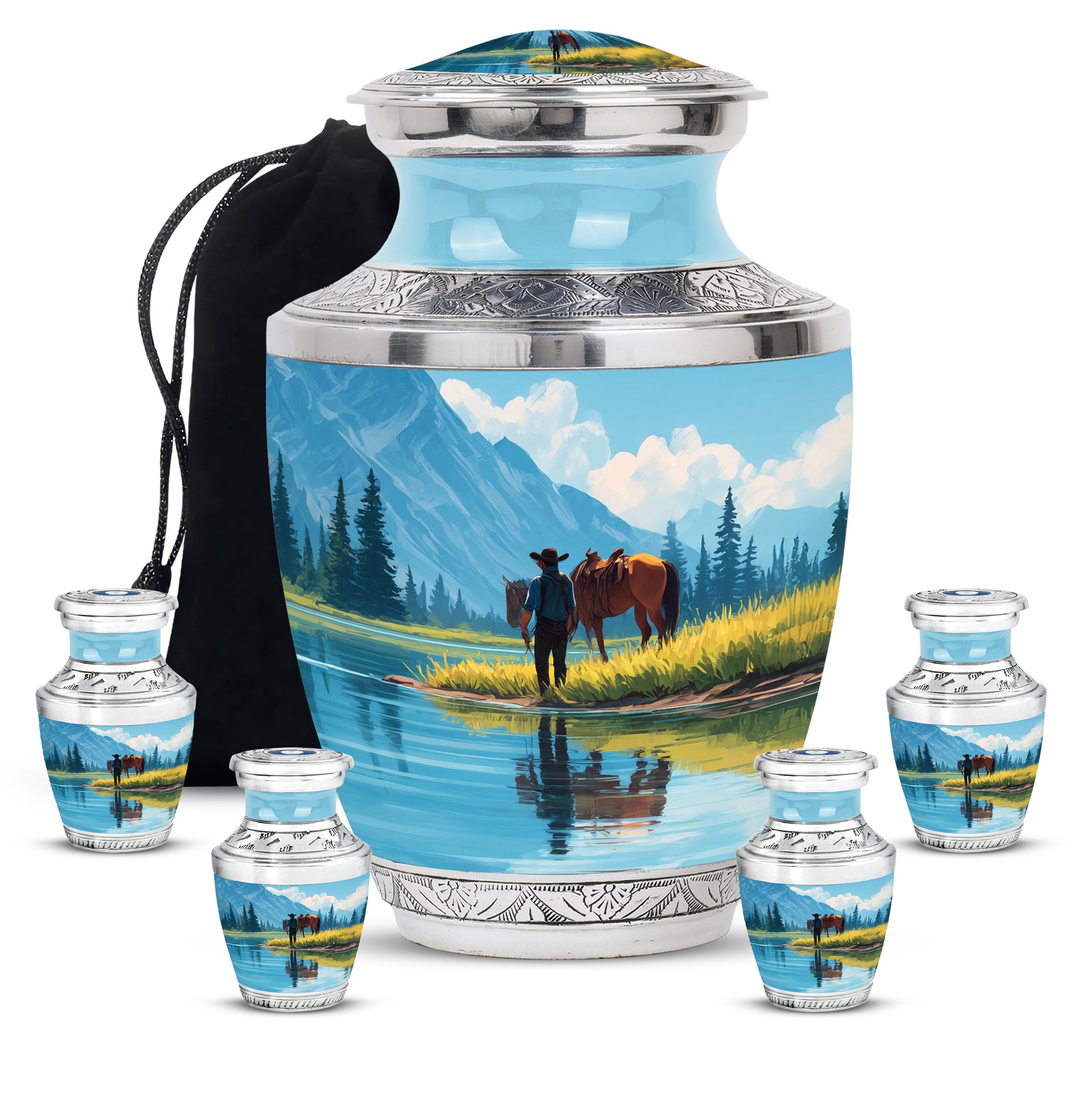 Cornflower Blue Cowboy Cremation Urn lifestyle display on memorial shelf - stylized abstract cowboy pattern with bold lines - memorial set with one large and four small urns