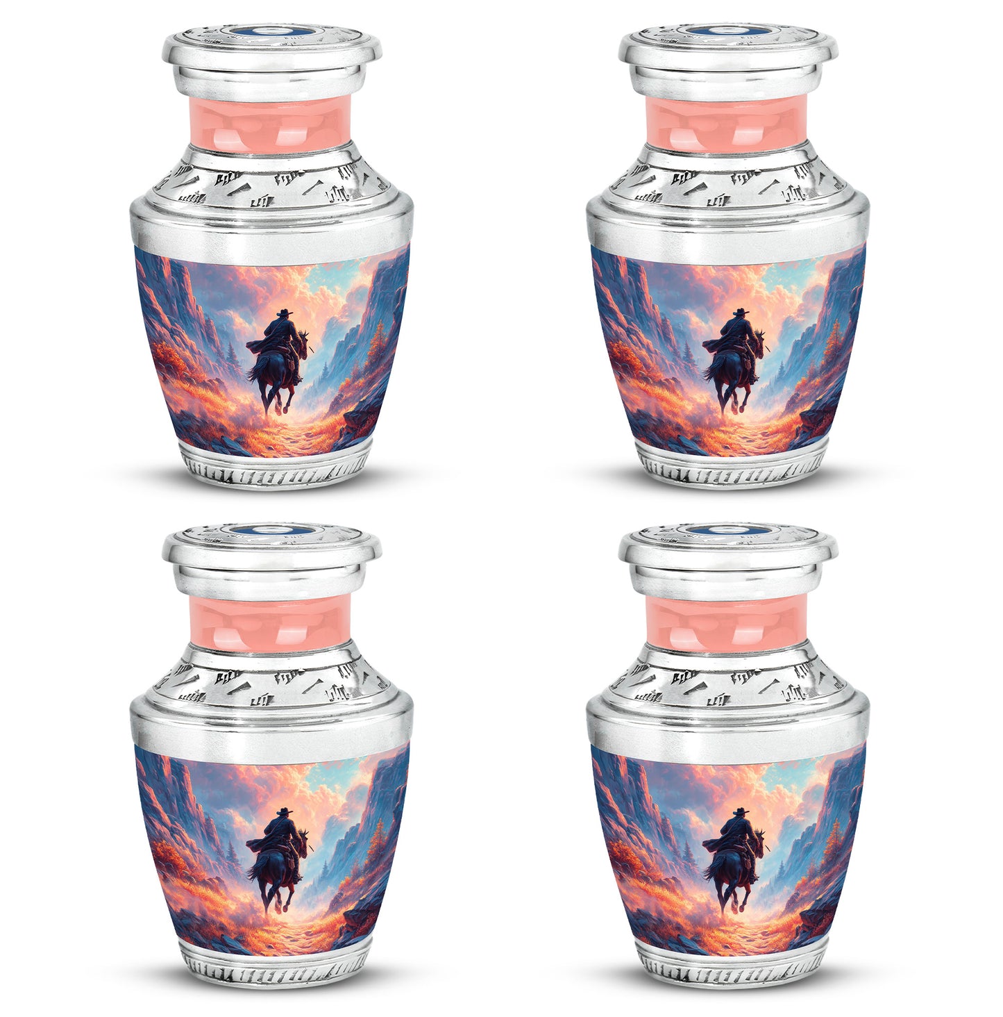 Soft Blue Cowboy Cremation Urn back view with polished surface - stylized abstract cowboy pattern with bold lines - 10 inch aluminum urn for cremated remains