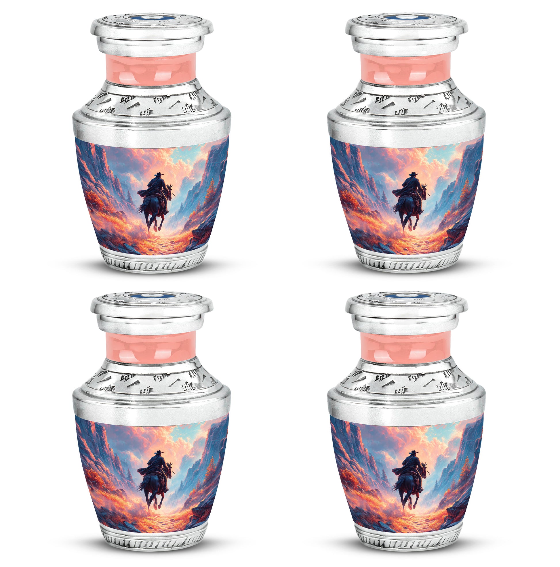 Soft Blue Cowboy Cremation Urn back view with polished surface - stylized abstract cowboy pattern with bold lines - 10 inch aluminum urn for cremated remains