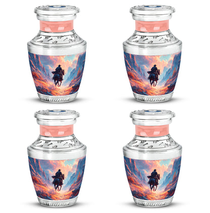 Soft Blue Cowboy Cremation Urn back view with polished surface - stylized abstract cowboy pattern with bold lines - 10 inch aluminum urn for cremated remains