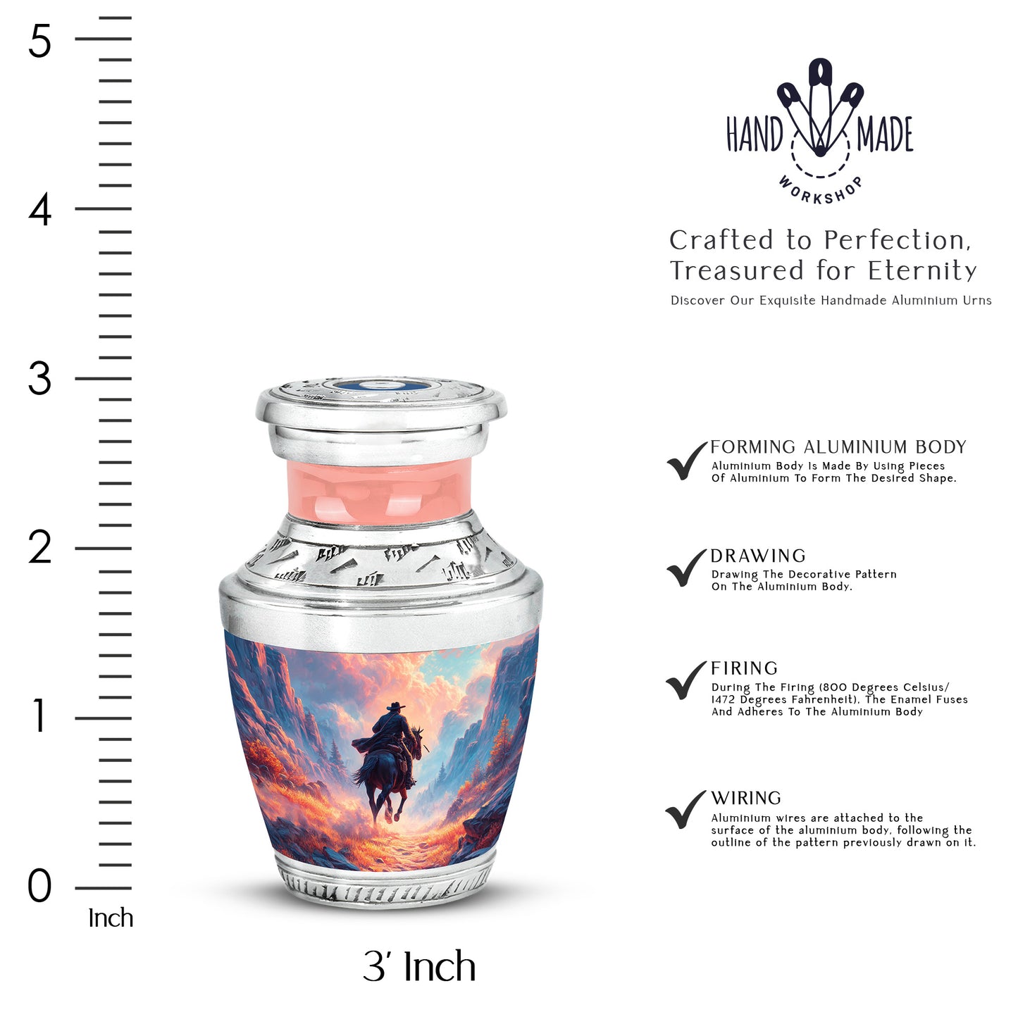 Bright Blue Cowboy Cremation Urn top-down view of secure threaded lid - stylized abstract cowboy pattern with bold lines - mini keepsake memorial for portion of cremation ashes