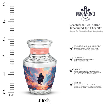 Bright Blue Cowboy Cremation Urn top-down view of secure threaded lid - stylized abstract cowboy pattern with bold lines - mini keepsake memorial for portion of cremation ashes