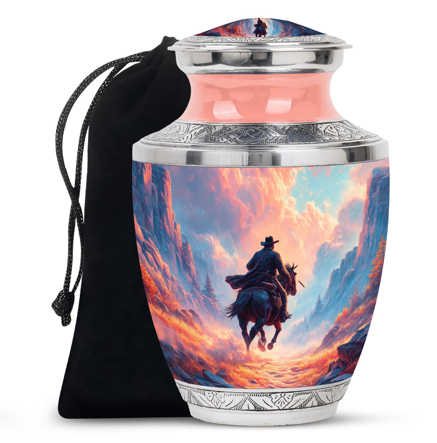 Bright Blue Cowboy Cremation Urn side profile showing urn shape - stylized abstract cowboy pattern with bold lines - full-size 10 inch 200 cubic inch adult cremation urn