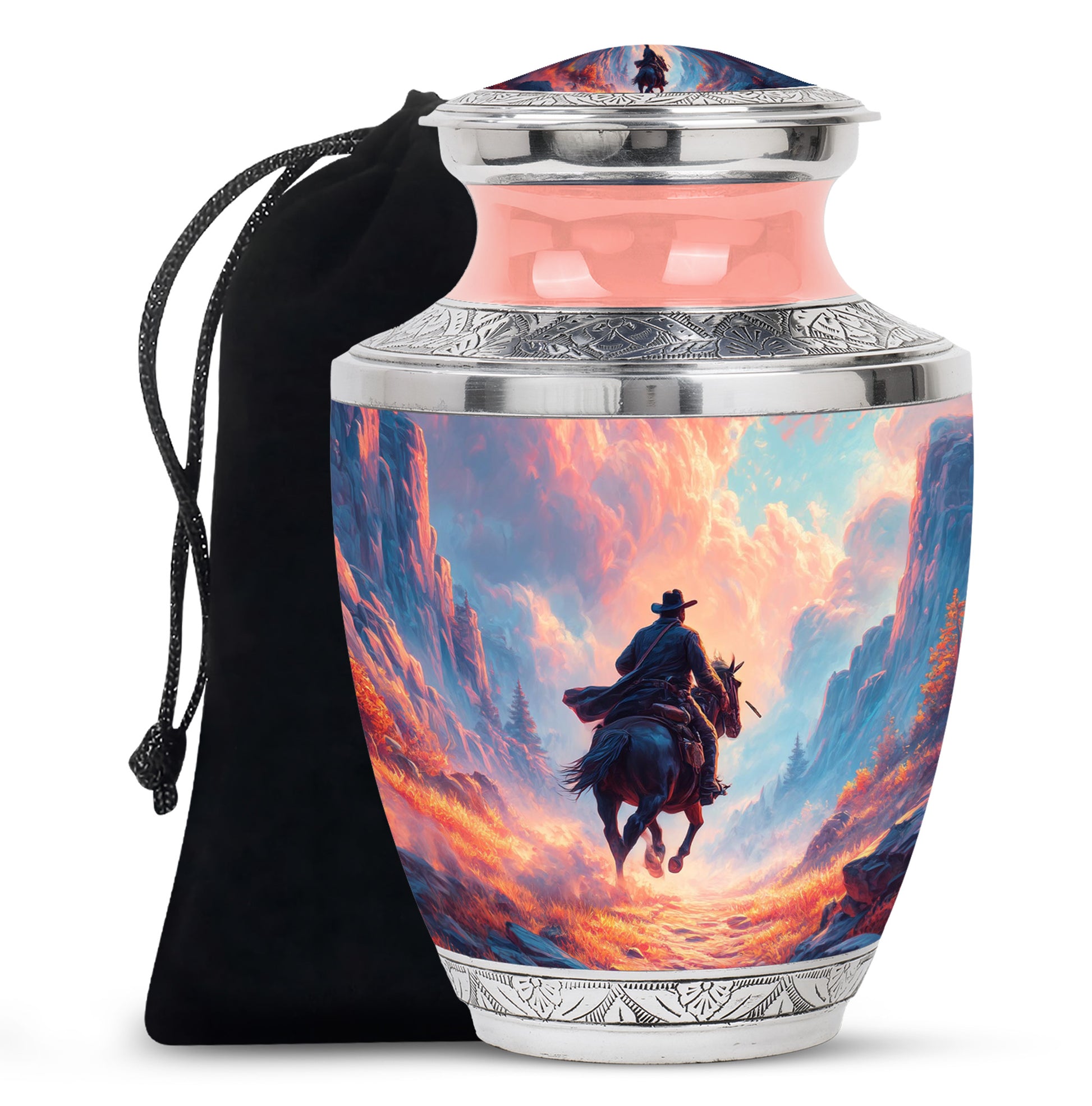 Bright Blue Cowboy Cremation Urn side profile showing urn shape - stylized abstract cowboy pattern with bold lines - full-size 10 inch 200 cubic inch adult cremation urn
