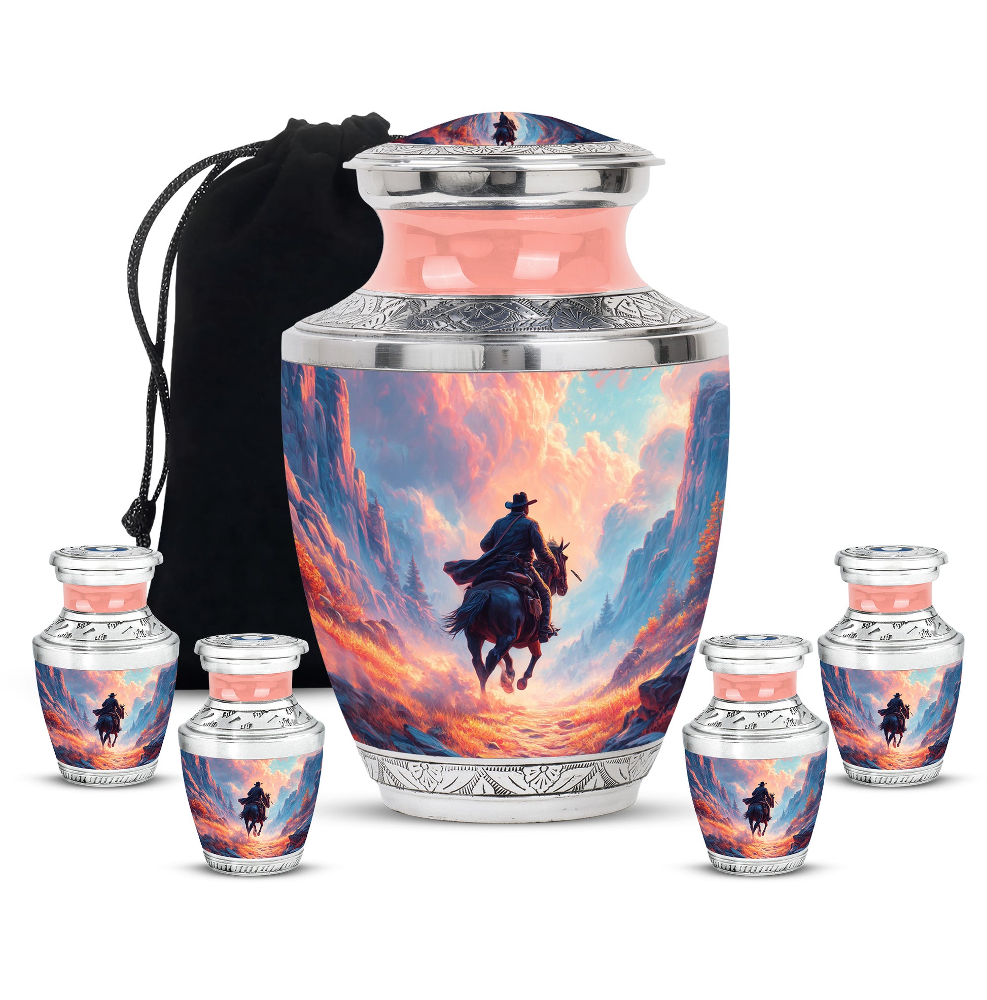 Celestial Blue Cowboy Cremation Urn lifestyle display on memorial shelf - modern art-inspired cowboy motif on sleek aluminum - memorial set with one large and four small urns