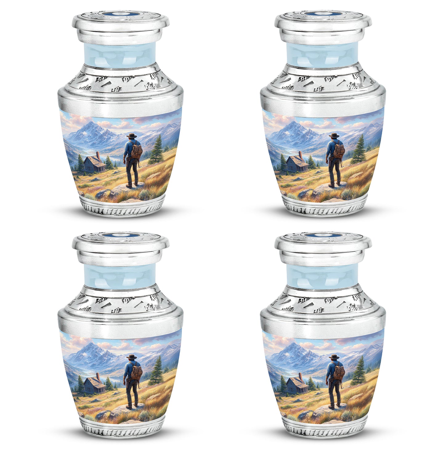 Powder Blue Cowboy Cremation Urn back view with polished surface - modern art-inspired cowboy motif on sleek aluminum - 10 inch aluminum urn for cremated remains