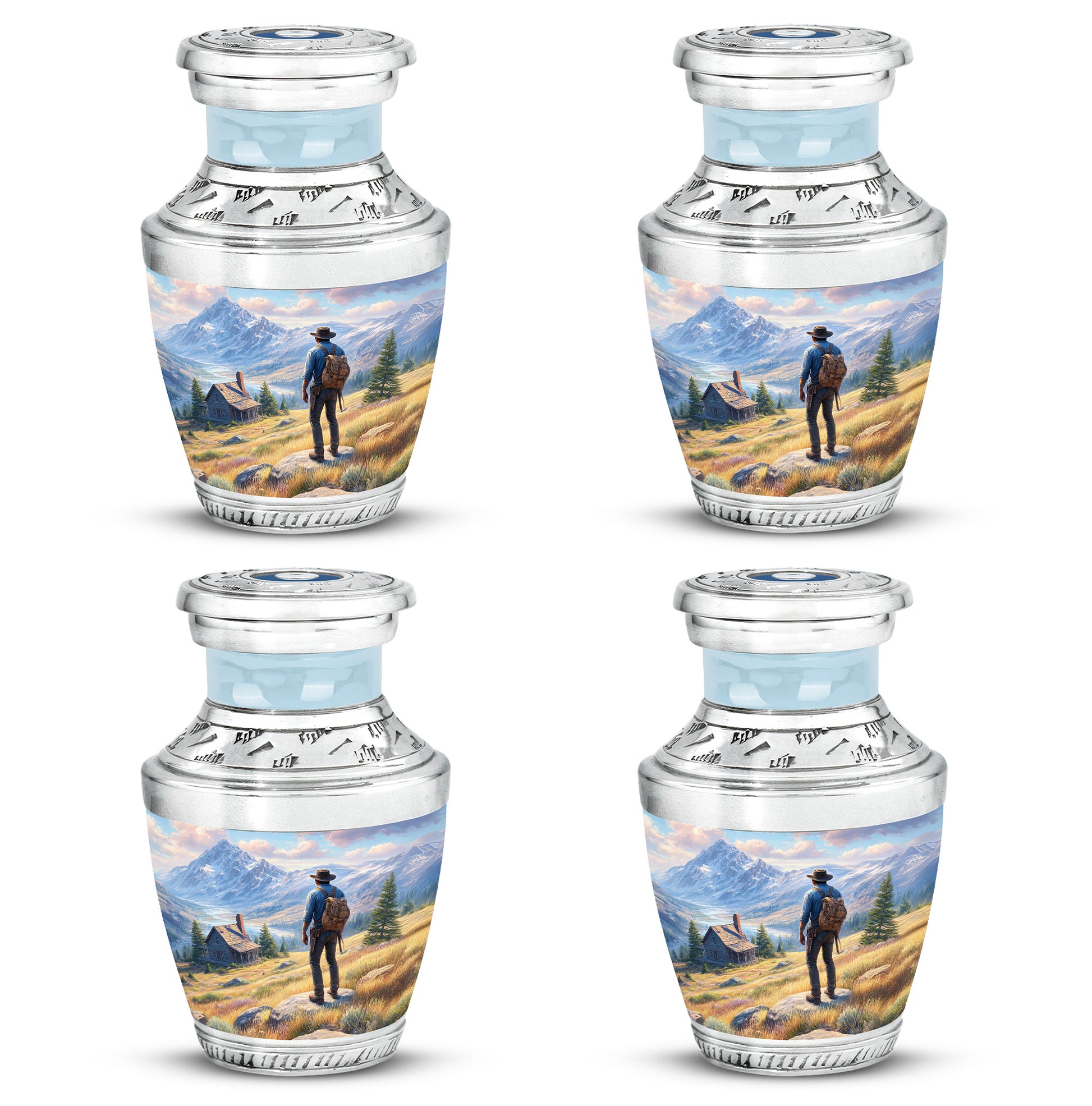Powder Blue Cowboy Cremation Urn back view with polished surface - modern art-inspired cowboy motif on sleek aluminum - 10 inch aluminum urn for cremated remains