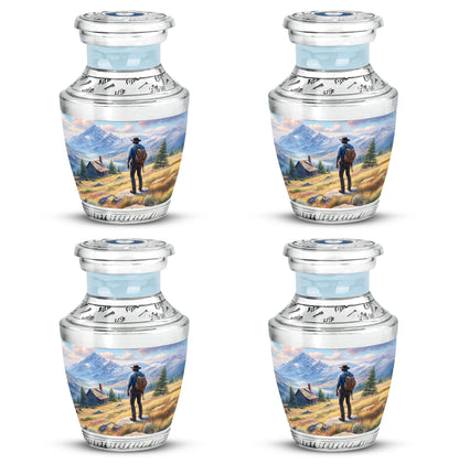Powder Blue Cowboy Cremation Urn back view with polished surface - modern art-inspired cowboy motif on sleek aluminum - 10 inch aluminum urn for cremated remains