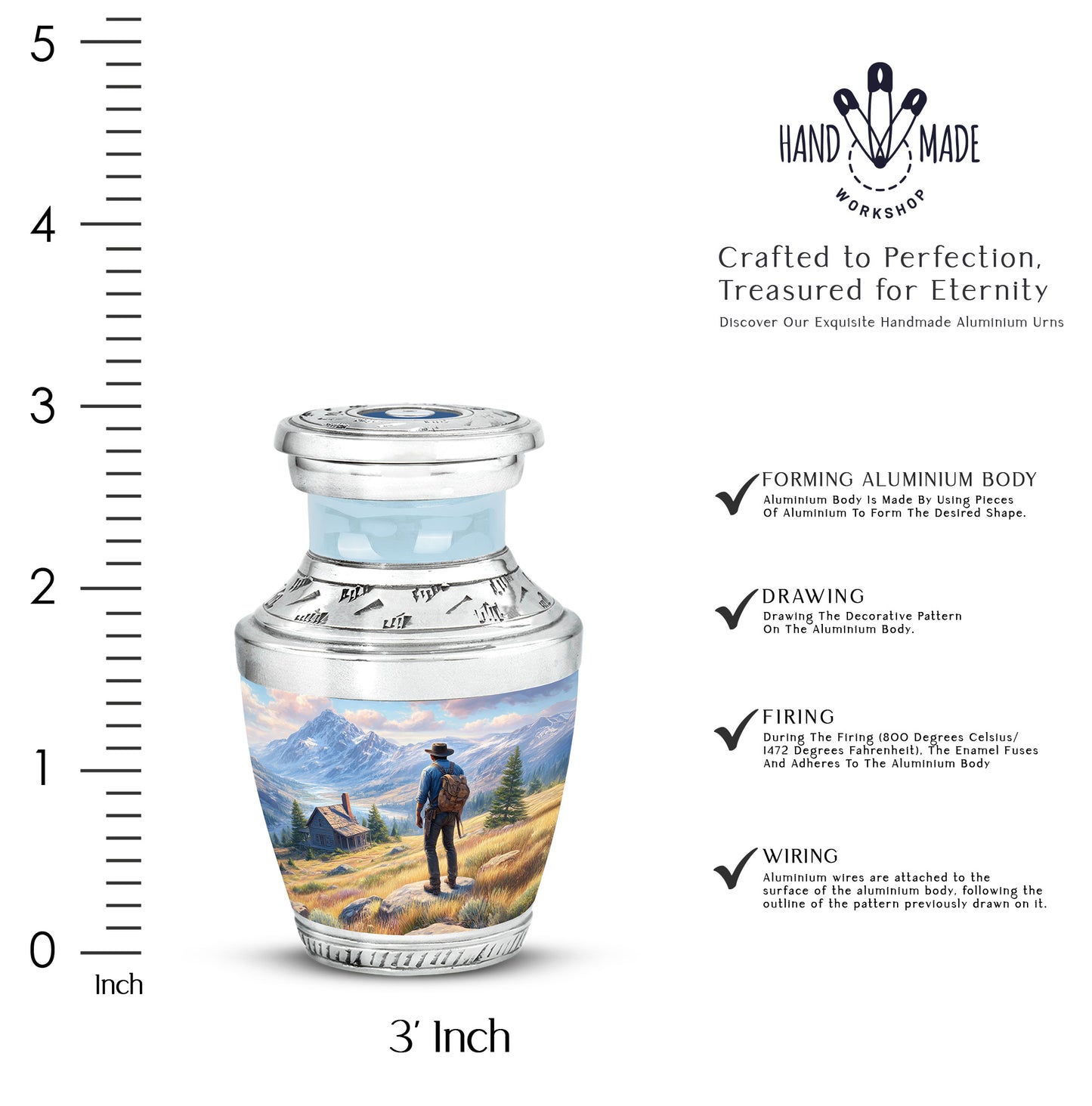 Steel Blue Cowboy Cremation Urn top-down view of secure threaded lid - artistic cowboy interpretation with creative detail - mini keepsake memorial for portion of cremation ashes