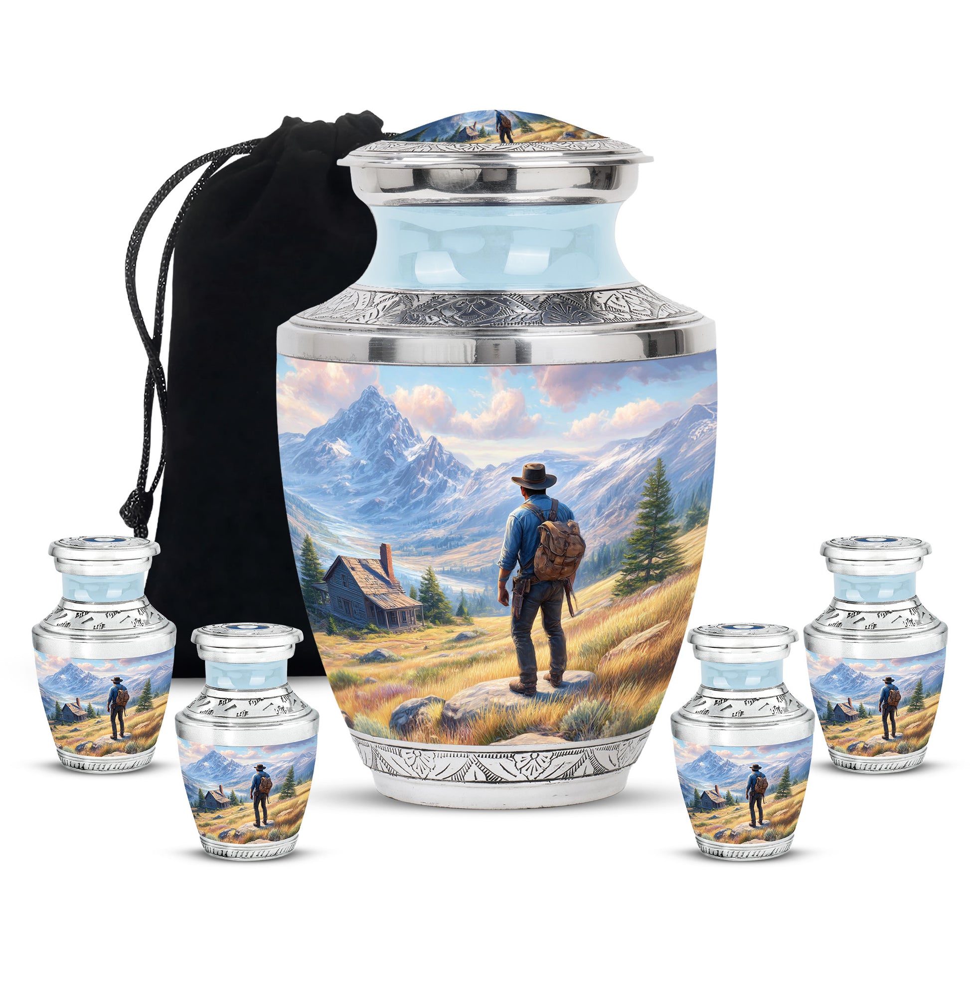Pastel Blue Cowboy Cremation Urn lifestyle display on memorial shelf - contemporary cowboy design with modern artistic flair - memorial set with one large and four small urns