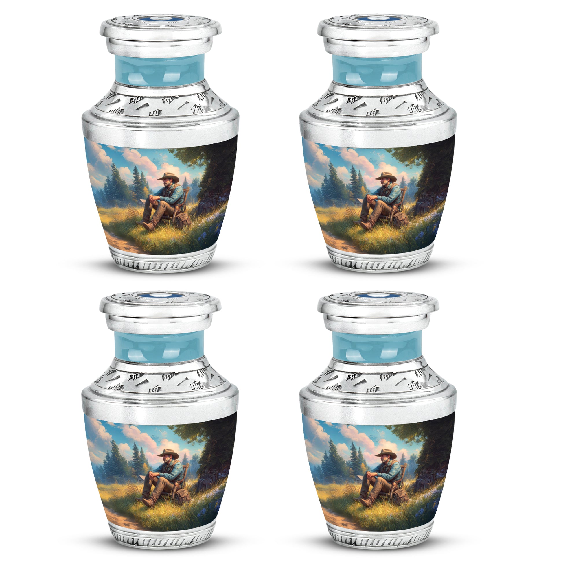 Vivid Teal Cowboy Cremation Urn back view with polished surface - artistic cowboy interpretation with creative detail - 10 inch aluminum urn for cremated remains