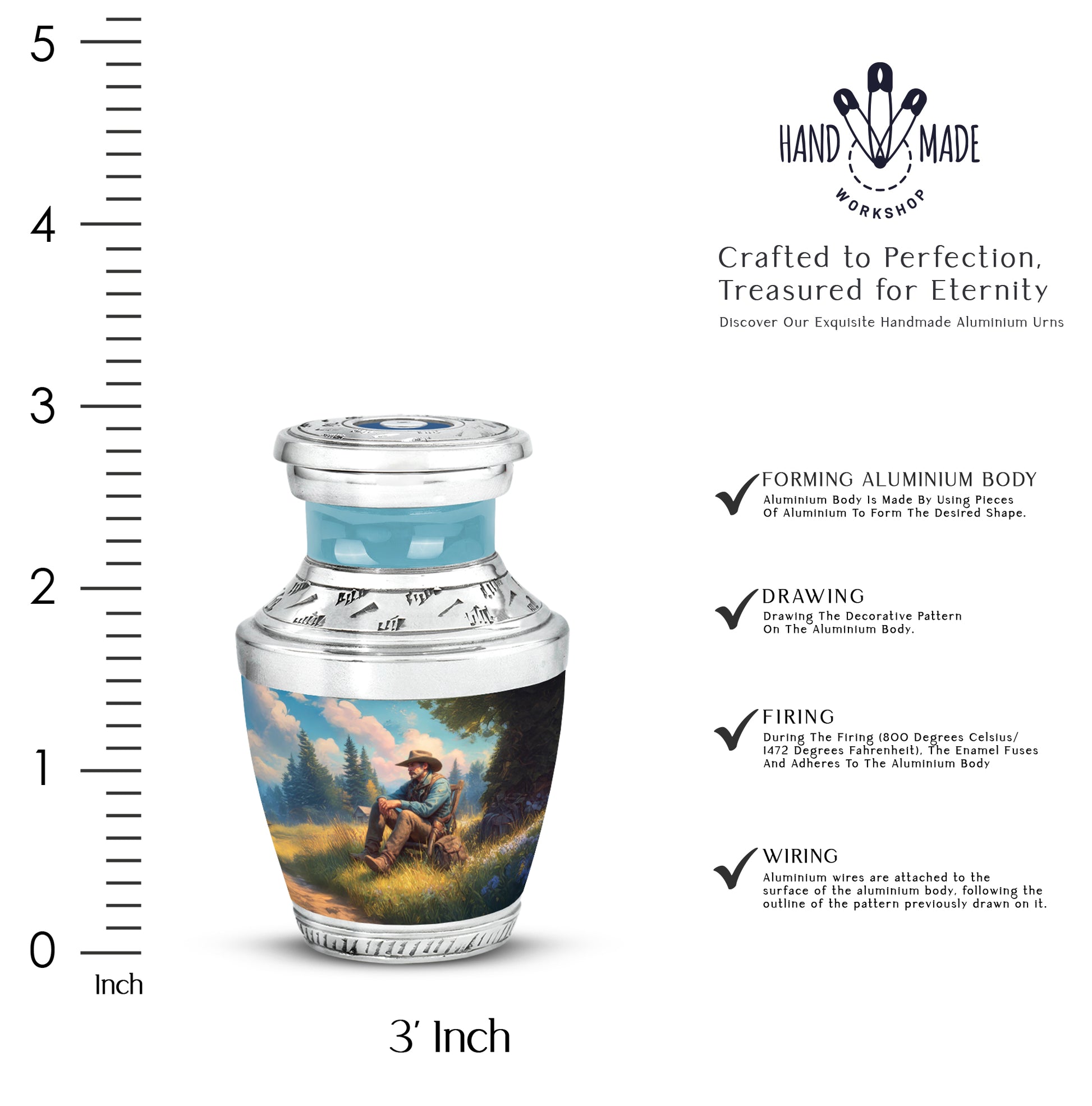 Ocean Teal Cowboy Cremation Urn top-down view of secure threaded lid - modern art-inspired cowboy motif on sleek aluminum - mini keepsake memorial for portion of cremation ashes