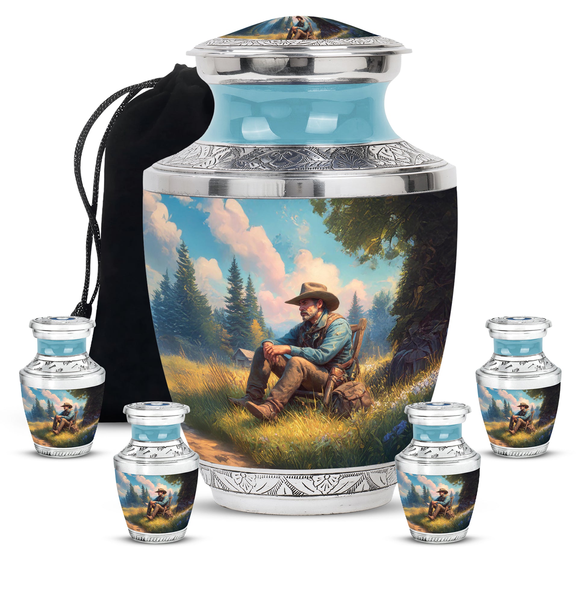 Ocean Teal Cowboy Cremation Urn lifestyle display on memorial shelf - contemporary cowboy design with modern artistic flair - memorial set with one large and four small urns