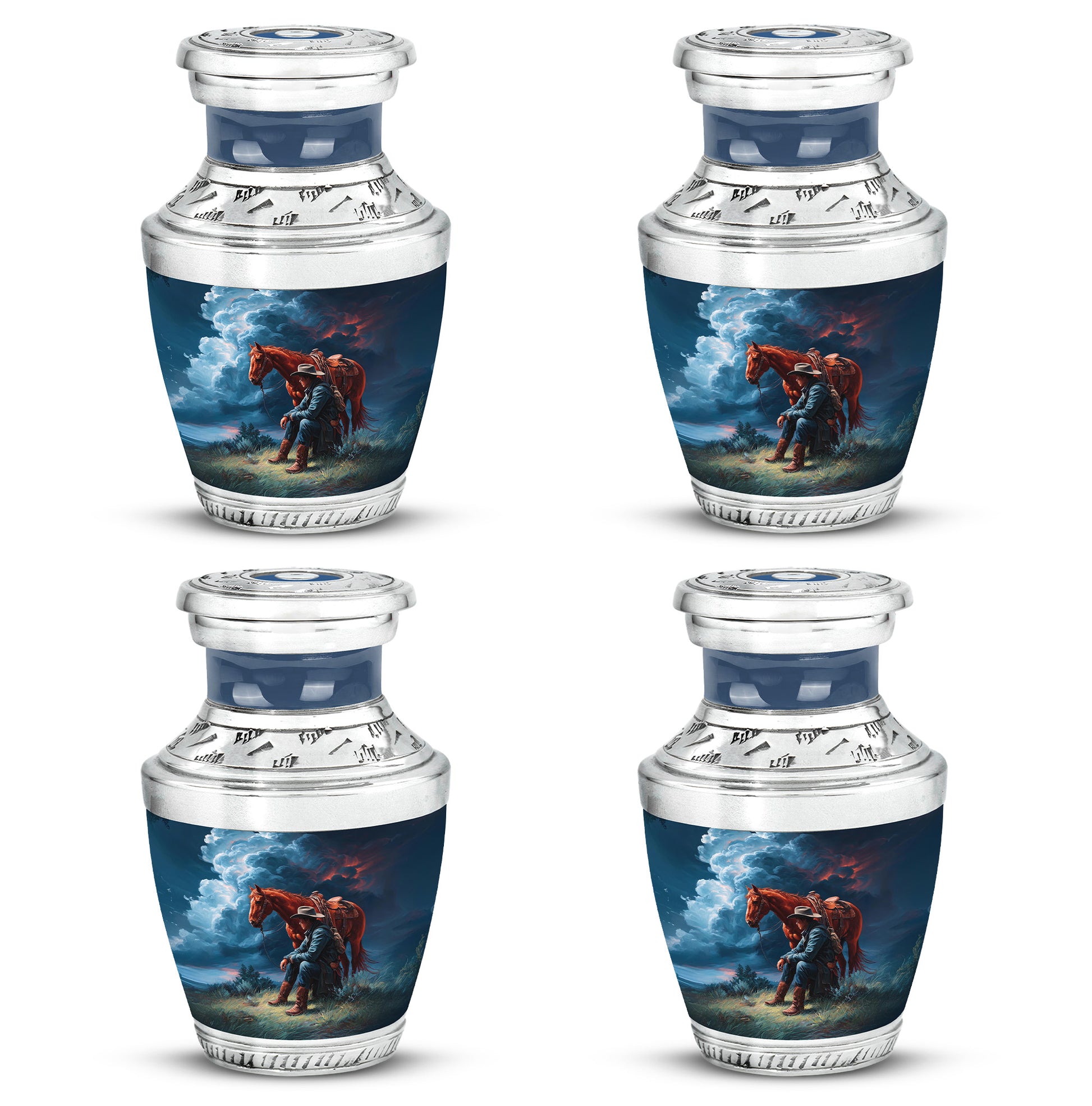 Cornflower Blue Cowboy Cremation Urn back view with polished surface - stylized abstract cowboy pattern with bold lines - 10 inch aluminum urn for cremated remains