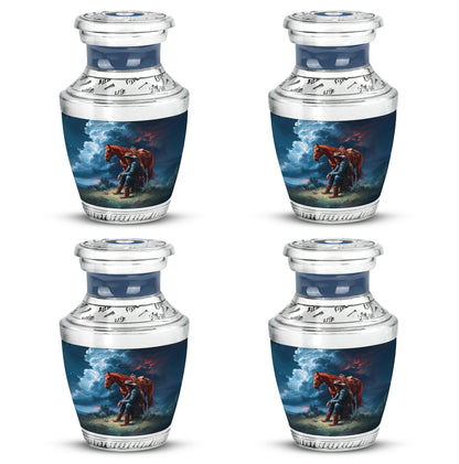 Cornflower Blue Cowboy Cremation Urn back view with polished surface - stylized abstract cowboy pattern with bold lines - 10 inch aluminum urn for cremated remains