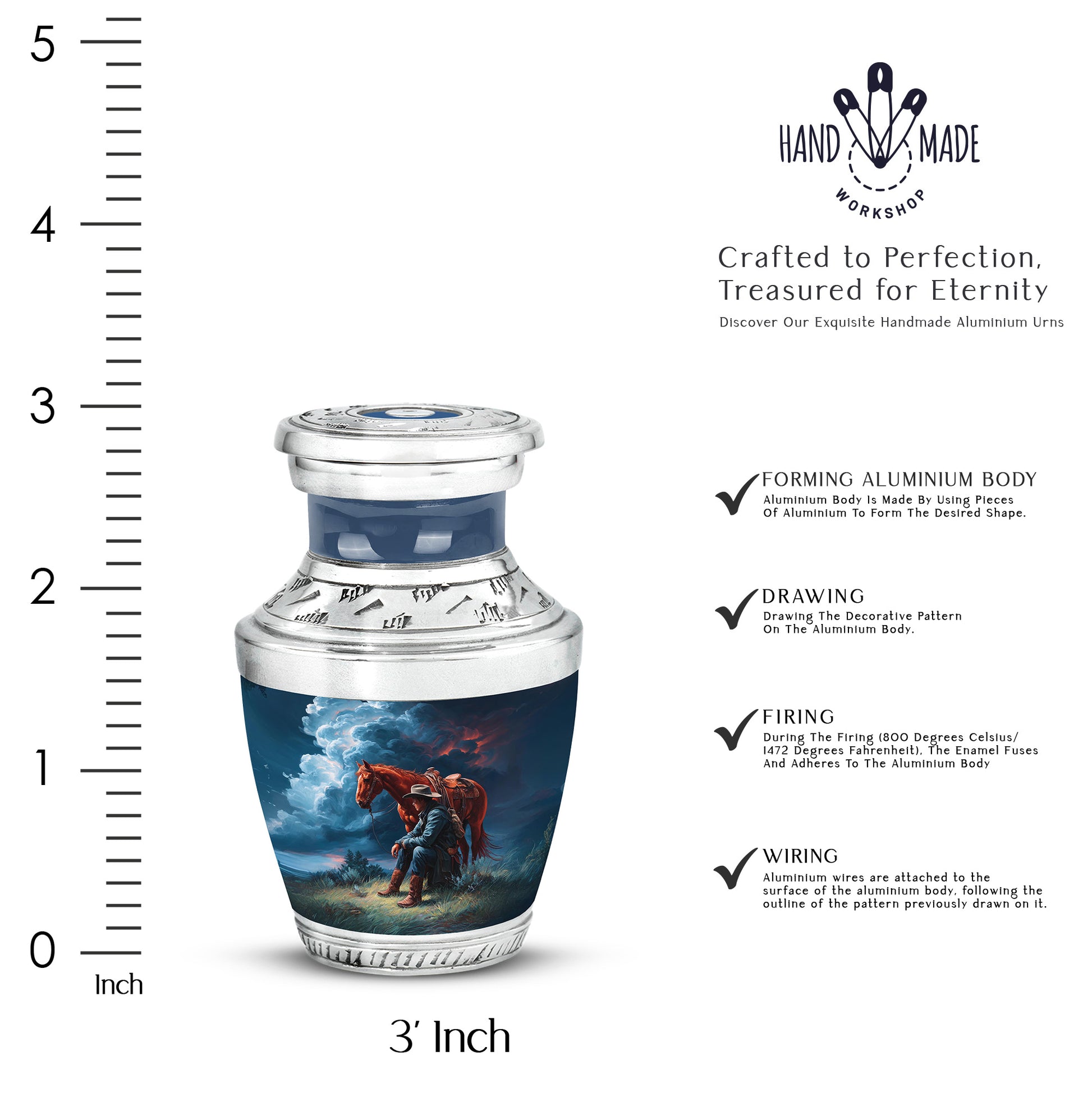 Icy Blue Cowboy Cremation Urn top-down view of secure threaded lid - contemporary cowboy design with modern artistic flair - mini keepsake memorial for portion of cremation ashes