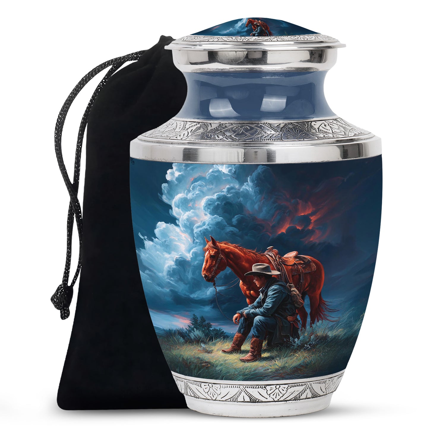 Sapphire Blue Cowboy Cremation Urn side profile showing urn shape - stylized abstract cowboy pattern with bold lines - full-size 10 inch 200 cubic inch adult cremation urn