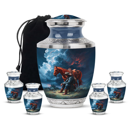 Cornflower Blue Cowboy Cremation Urn lifestyle display on memorial shelf - artistic cowboy interpretation with creative detail - memorial set with one large and four small urns