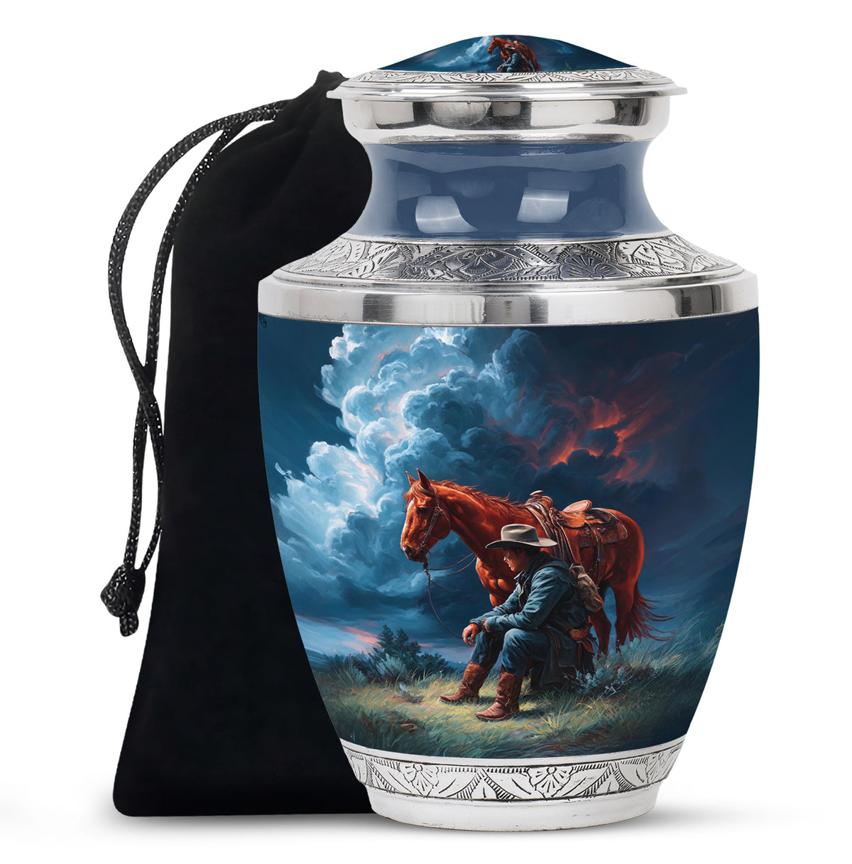 Sapphire Blue Cowboy Cremation Urn side profile showing urn shape - stylized abstract cowboy pattern with bold lines - full-size 10 inch 200 cubic inch adult cremation urn