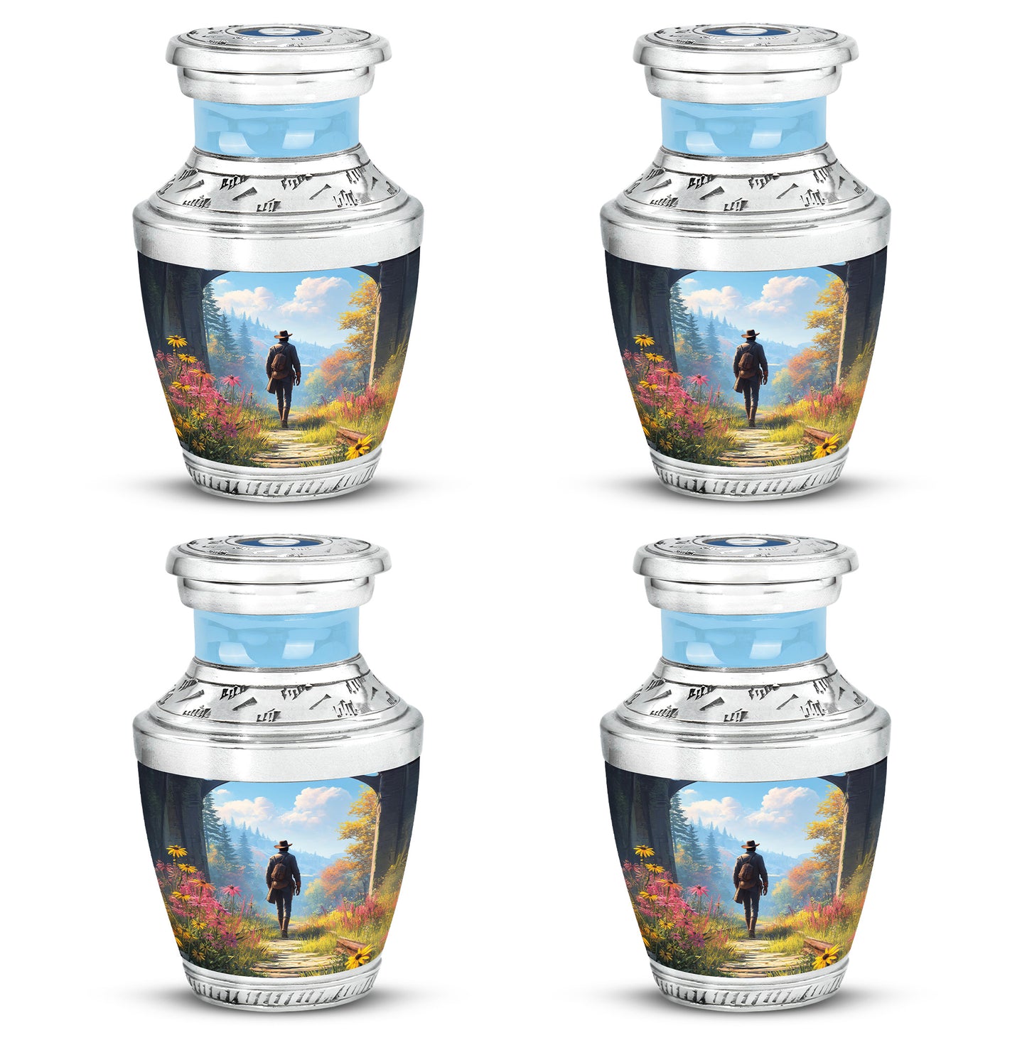 Azure Cowboy Cremation Urn back view with polished surface - modern art-inspired cowboy motif on sleek aluminum - 10 inch aluminum urn for cremated remains