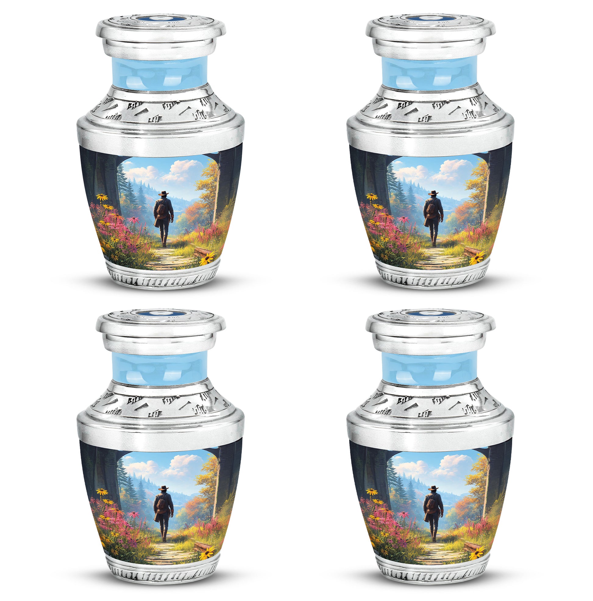 Azure Cowboy Cremation Urn back view with polished surface - modern art-inspired cowboy motif on sleek aluminum - 10 inch aluminum urn for cremated remains