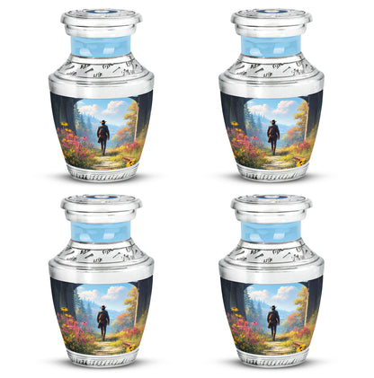 Azure Cowboy Cremation Urn back view with polished surface - modern art-inspired cowboy motif on sleek aluminum - 10 inch aluminum urn for cremated remains