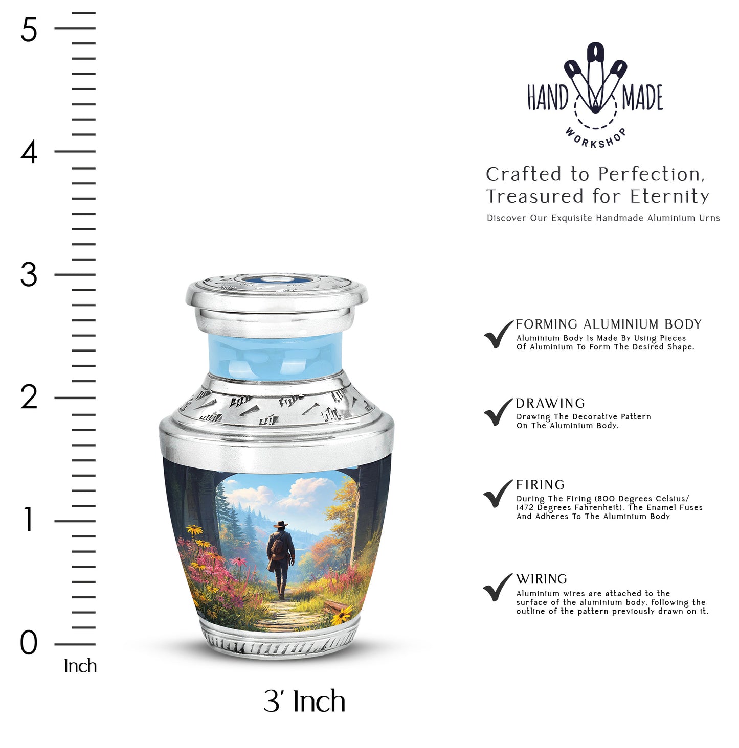 Pastel Blue Cowboy Cremation Urn top-down view of secure threaded lid - contemporary cowboy design with modern artistic flair - mini keepsake memorial for portion of cremation ashes