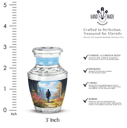 Pastel Blue Cowboy Cremation Urn top-down view of secure threaded lid - contemporary cowboy design with modern artistic flair - mini keepsake memorial for portion of cremation ashes