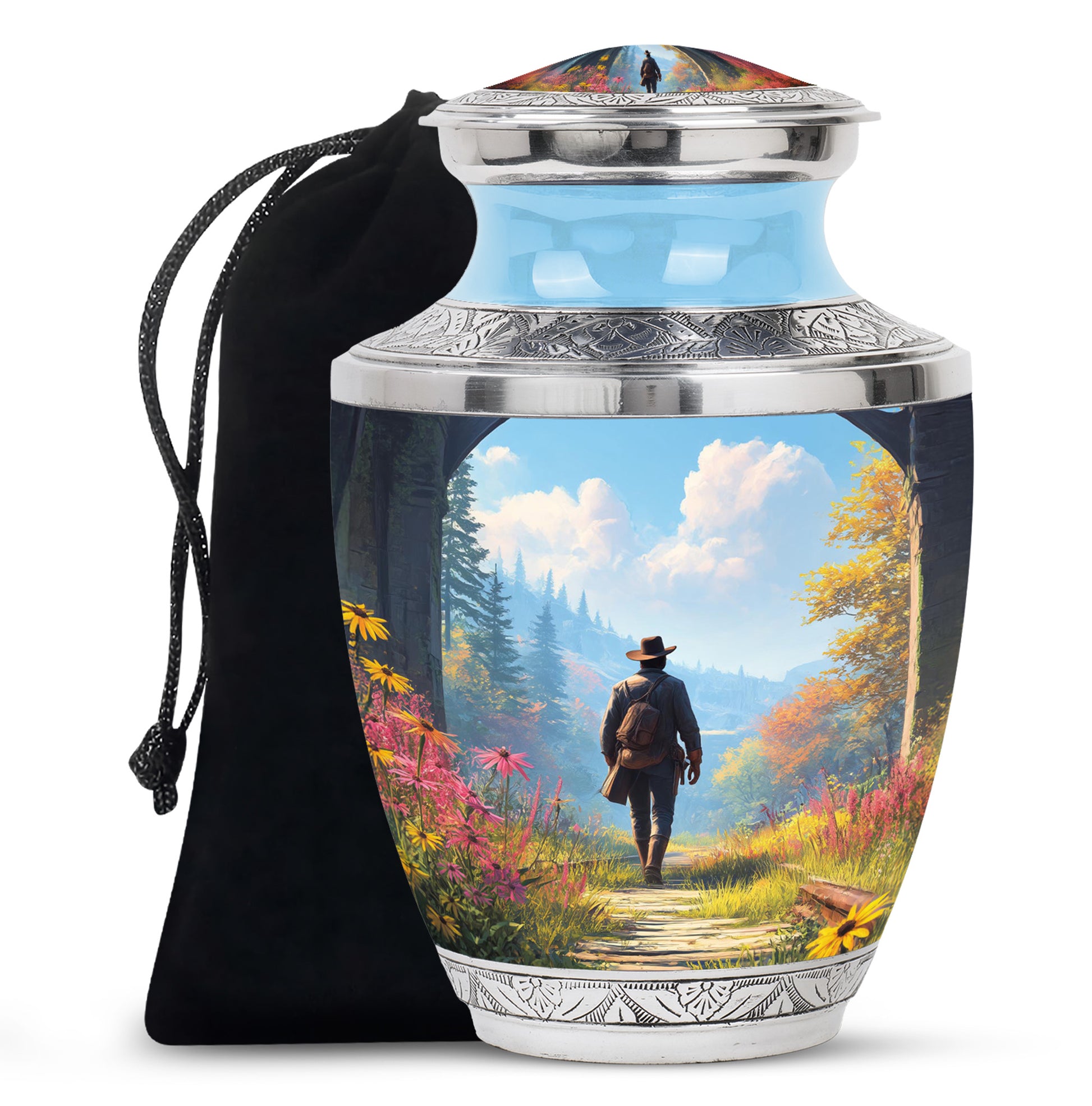 Cobalt Blue Cowboy Cremation Urn side profile showing urn shape - artistic cowboy interpretation with creative detail - full-size 10 inch 200 cubic inch adult cremation urn