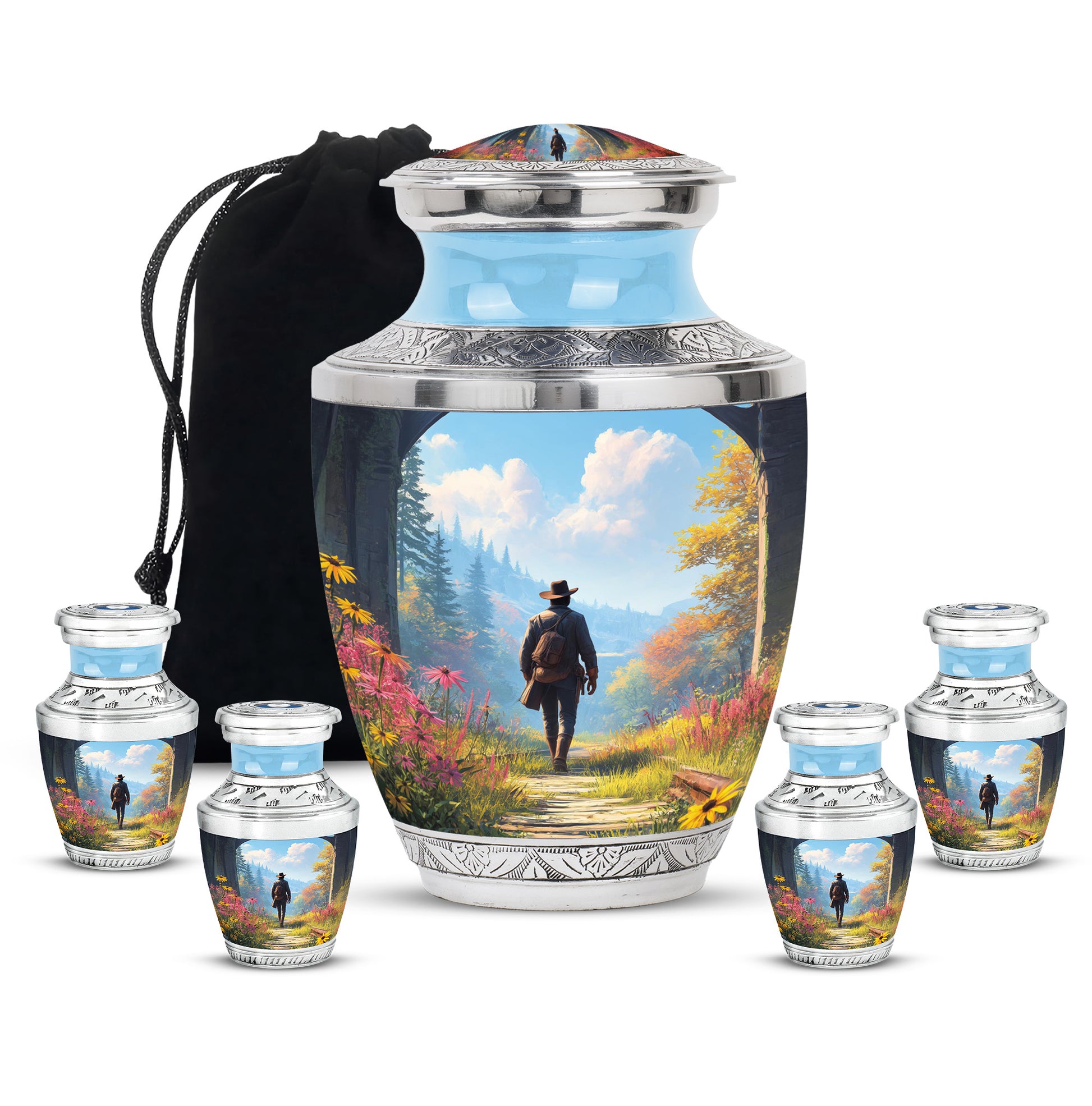 Misty Blue Cowboy Cremation Urn lifestyle display on memorial shelf - modern art-inspired cowboy motif on sleek aluminum - memorial set with one large and four small urns