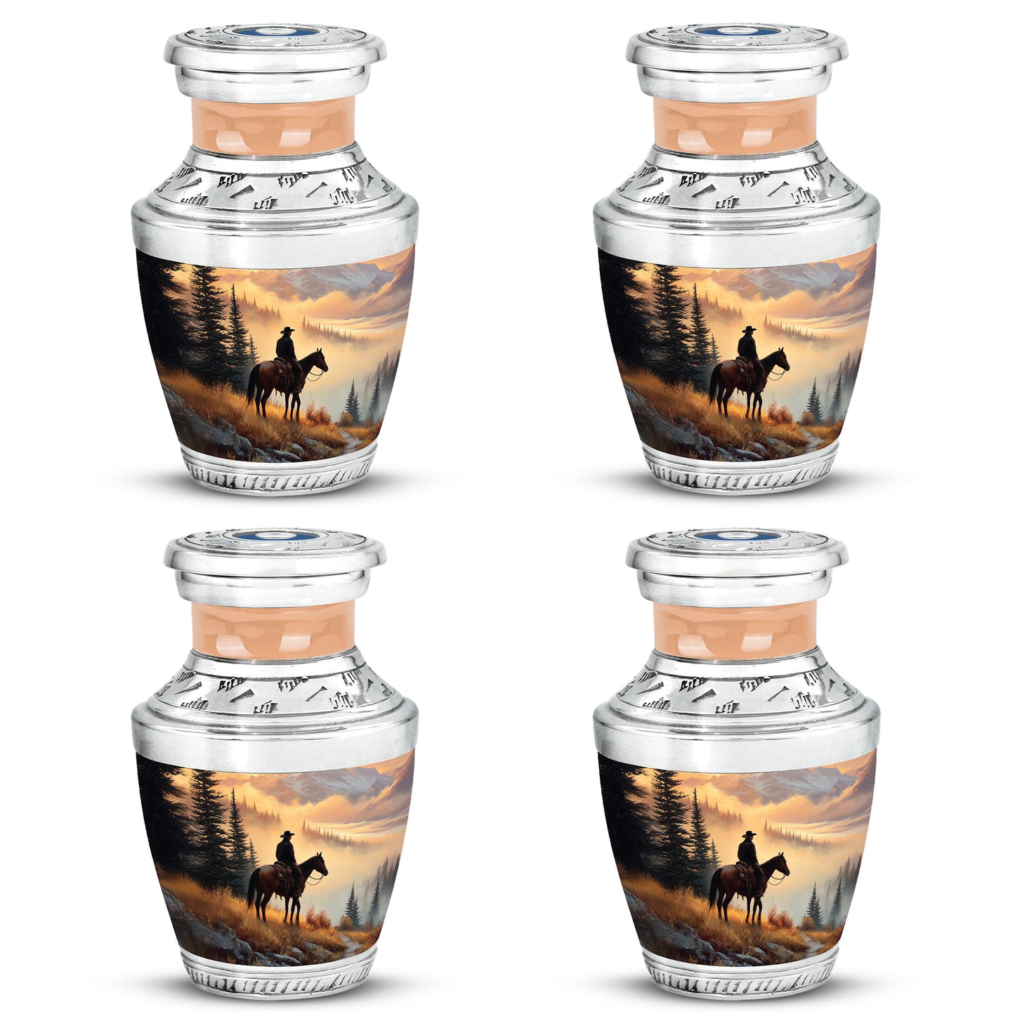 Matte Gold Cowboy Cremation Urn back view with polished surface - artistic cowboy interpretation with creative detail - 10 inch aluminum urn for cremated remains