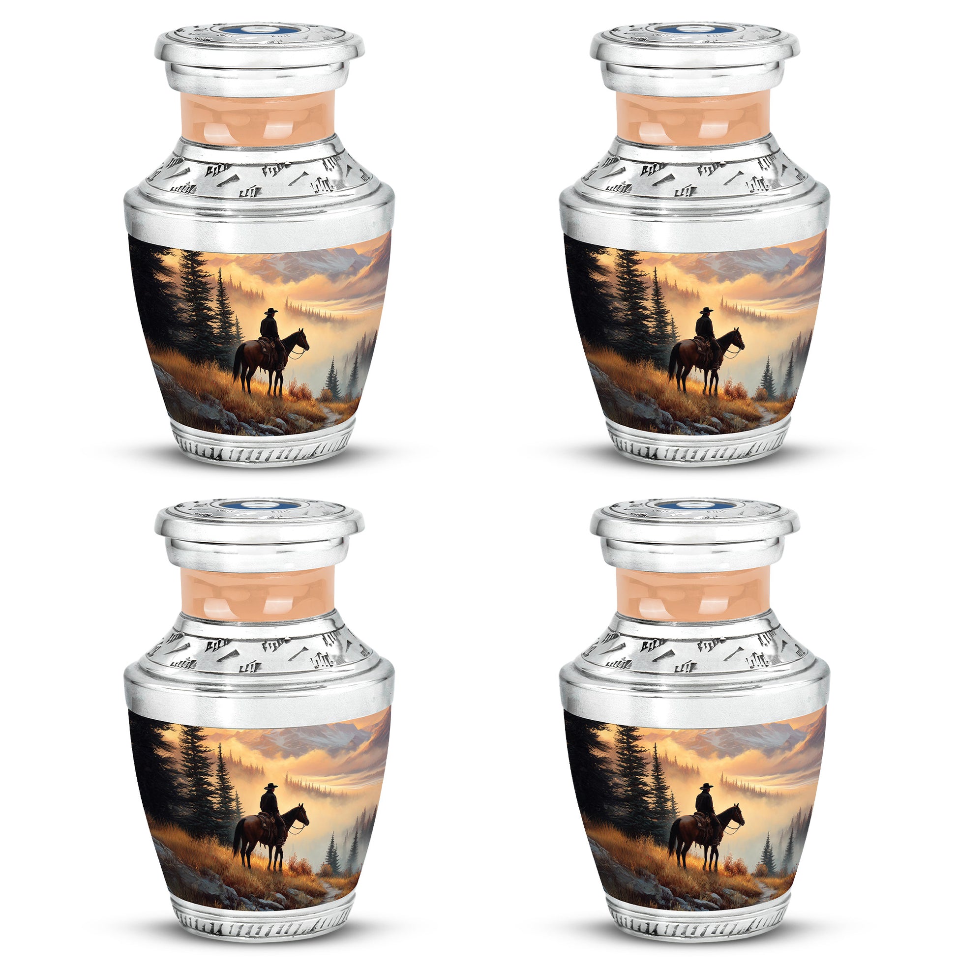 Matte Gold Cowboy Cremation Urn back view with polished surface - artistic cowboy interpretation with creative detail - 10 inch aluminum urn for cremated remains