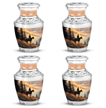 Matte Gold Cowboy Cremation Urn back view with polished surface - artistic cowboy interpretation with creative detail - 10 inch aluminum urn for cremated remains