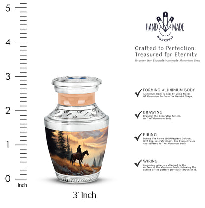 Harvest Gold Cowboy Cremation Urn top-down view of secure threaded lid - stylized abstract cowboy pattern with bold lines - mini keepsake memorial for portion of cremation ashes