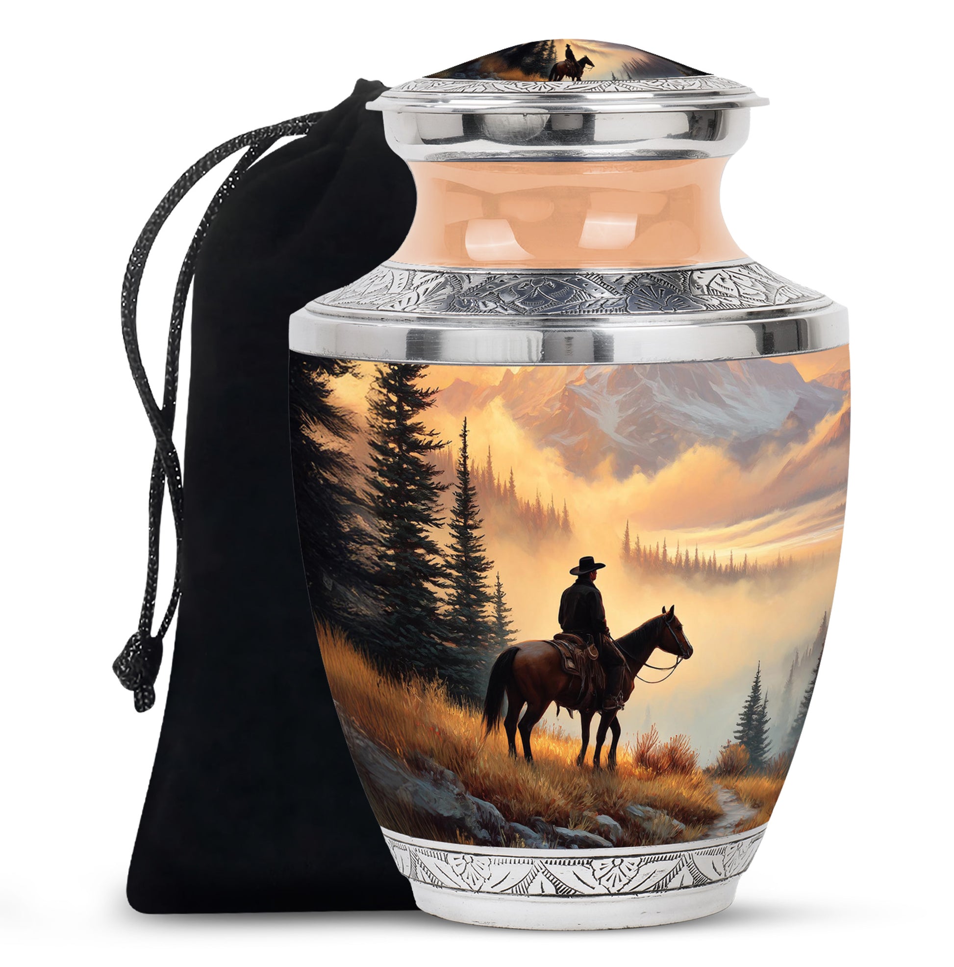 Warm Gold Cowboy Cremation Urn side profile showing urn shape - stylized abstract cowboy pattern with bold lines - full-size 10 inch 200 cubic inch adult cremation urn