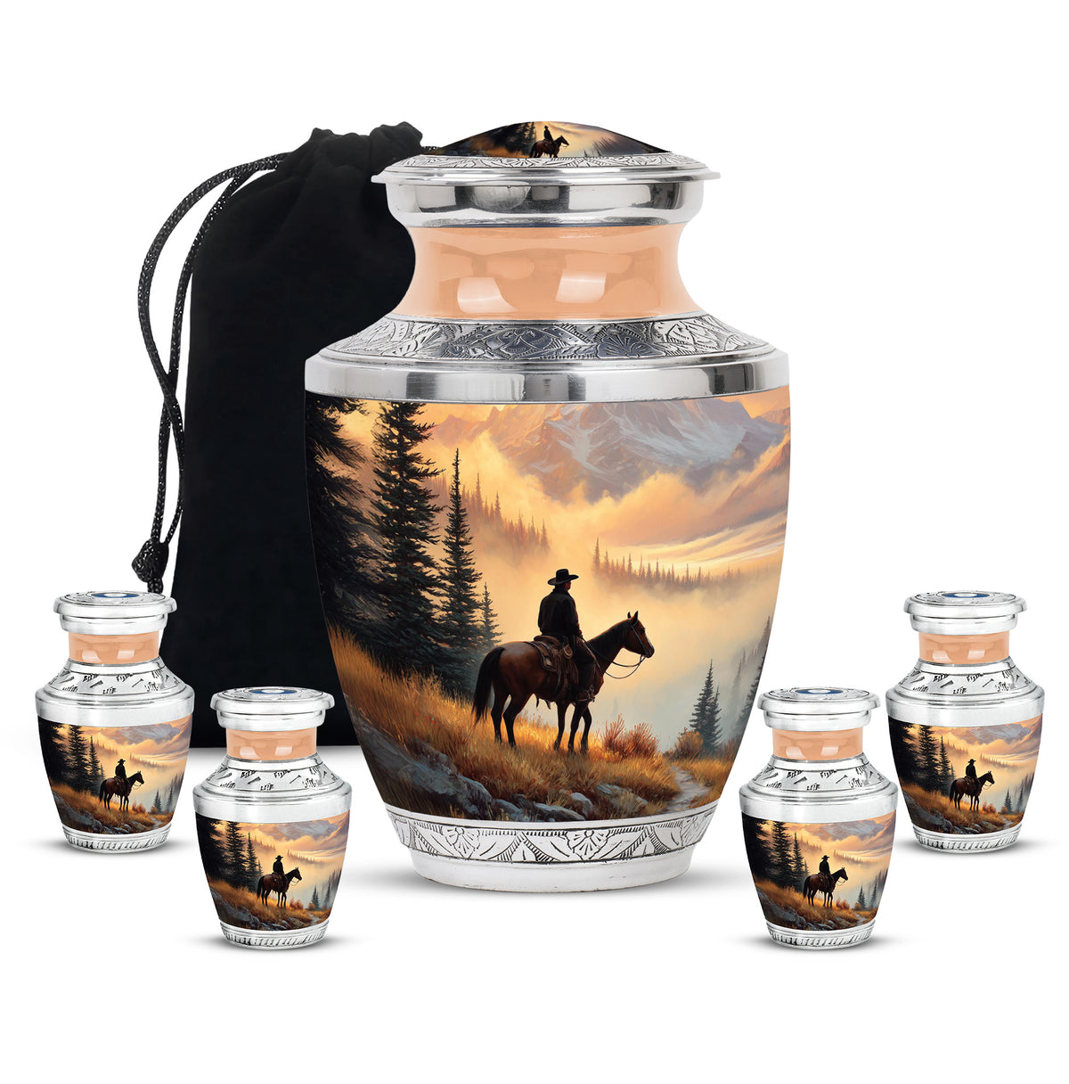 Harvest Gold Cowboy Cremation Urn lifestyle display on memorial shelf - artistic cowboy interpretation with creative detail - memorial set with one large and four small urns