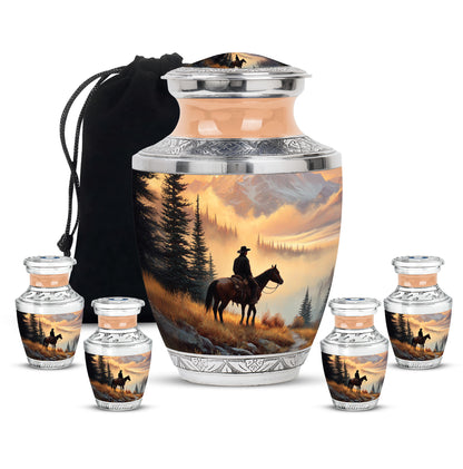 Harvest Gold Cowboy Cremation Urn lifestyle display on memorial shelf - artistic cowboy interpretation with creative detail - memorial set with one large and four small urns