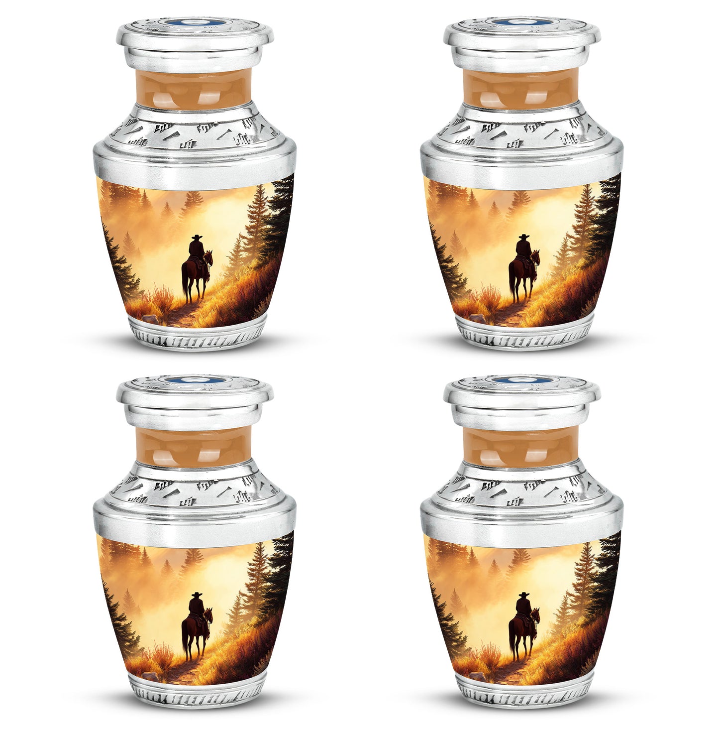 Royal Gold Cowboy Cremation Urn back view with polished surface - artistic cowboy interpretation with creative detail - 10 inch aluminum urn for cremated remains