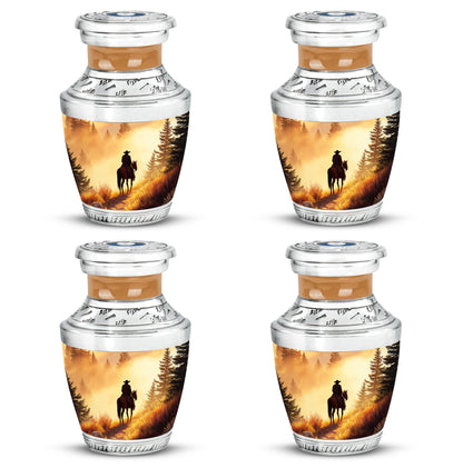 Royal Gold Cowboy Cremation Urn back view with polished surface - artistic cowboy interpretation with creative detail - 10 inch aluminum urn for cremated remains