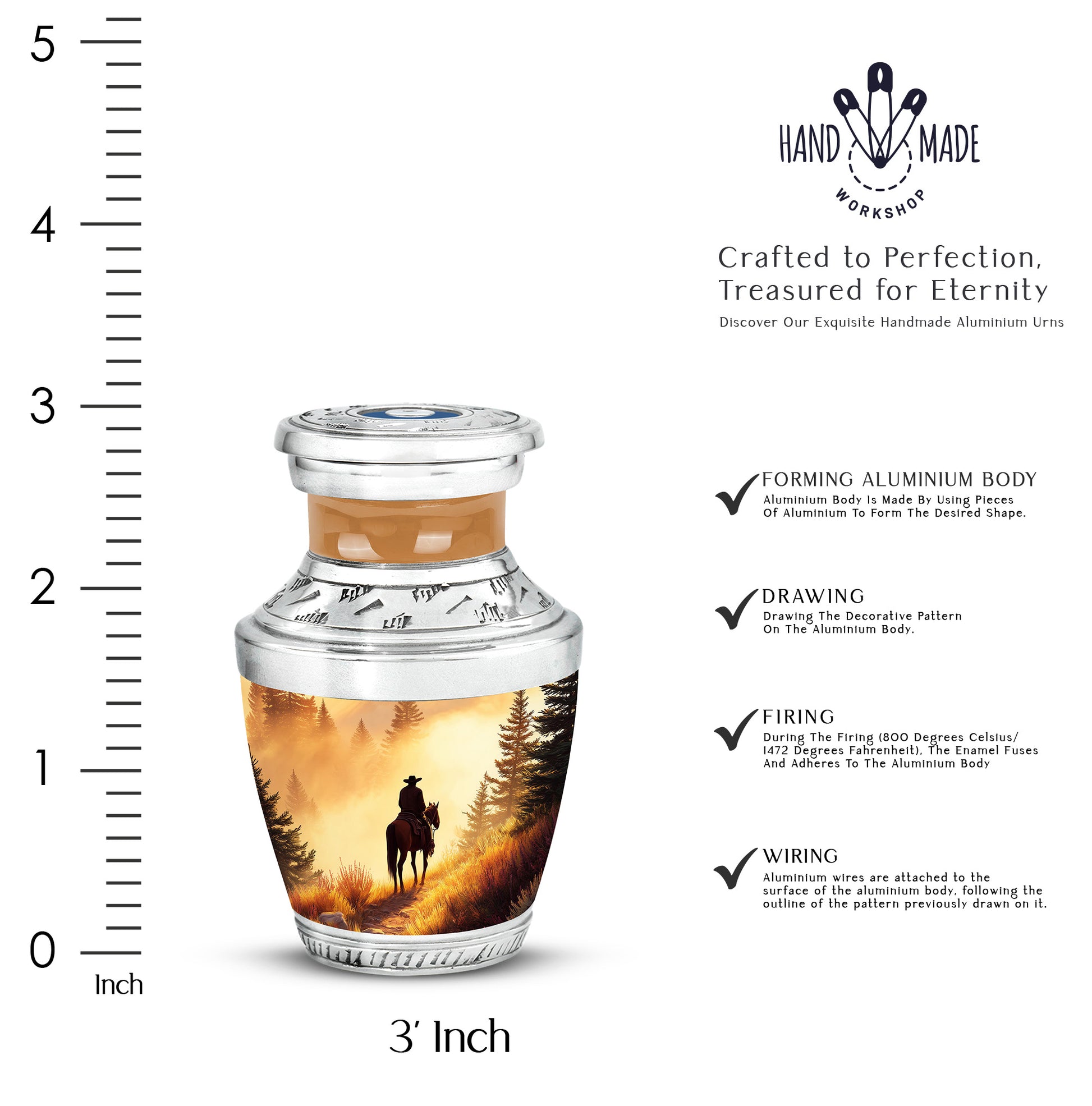 Royal Gold Cowboy Cremation Urn top-down view of secure threaded lid - stylized abstract cowboy pattern with bold lines - mini keepsake memorial for portion of cremation ashes