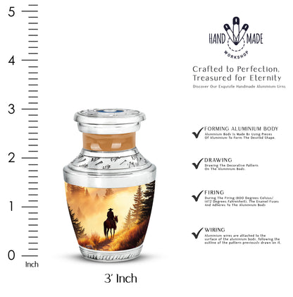 Royal Gold Cowboy Cremation Urn top-down view of secure threaded lid - stylized abstract cowboy pattern with bold lines - mini keepsake memorial for portion of cremation ashes