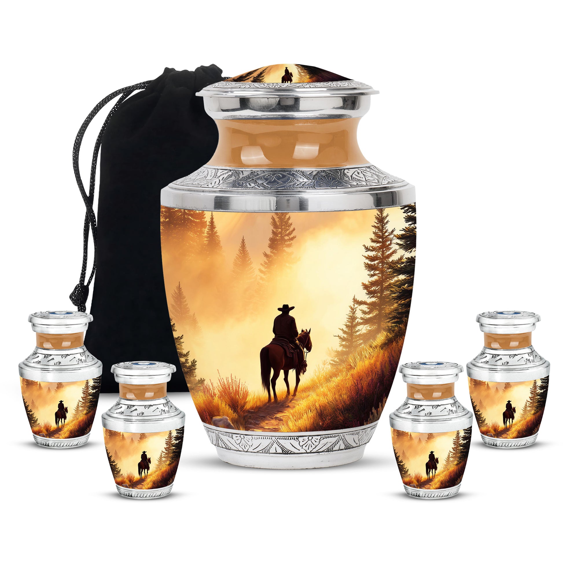 Gilded Gold Cowboy Cremation Urn lifestyle display on memorial shelf - contemporary cowboy design with modern artistic flair - memorial set with one large and four small urns