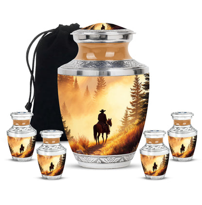 Gilded Gold Cowboy Cremation Urn lifestyle display on memorial shelf - contemporary cowboy design with modern artistic flair - memorial set with one large and four small urns