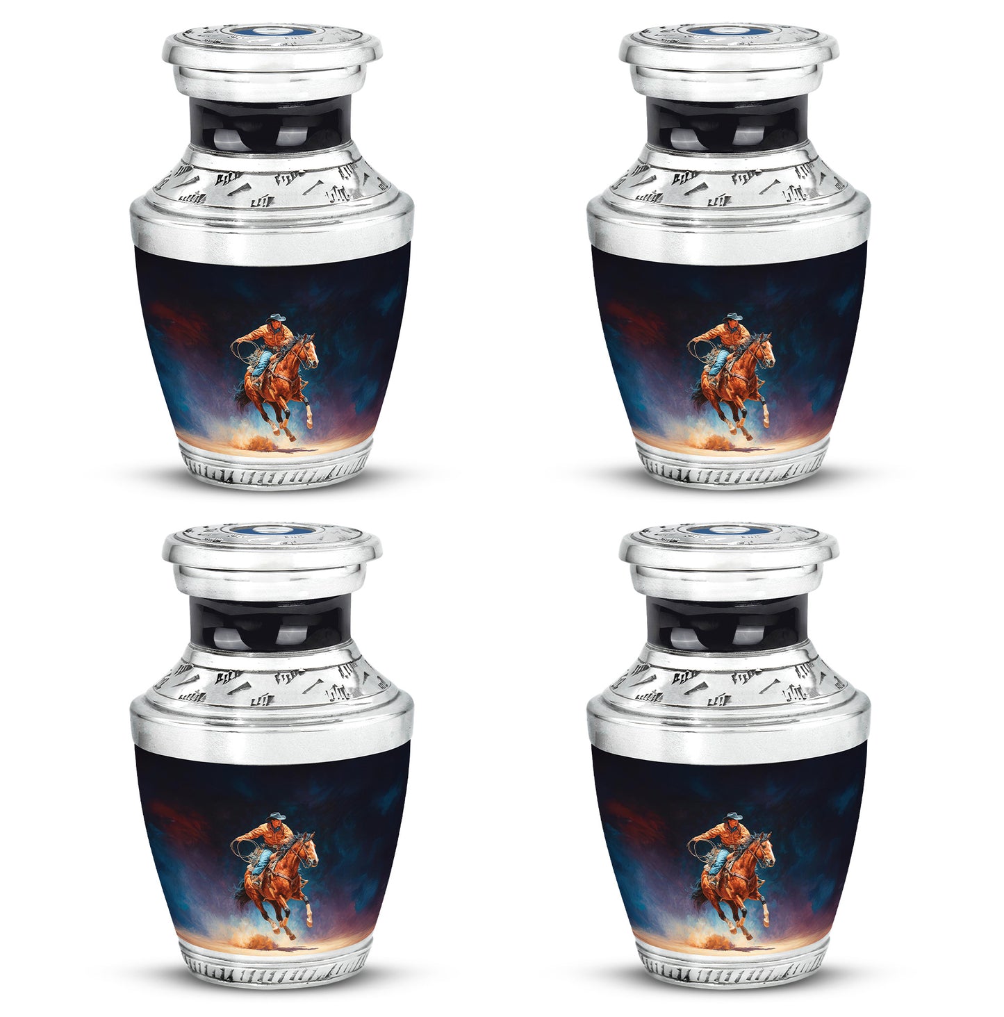 Deep Black Cowboy Cremation Urn back view with polished surface - modern art-inspired cowboy motif on sleek aluminum - 10 inch aluminum urn for cremated remains