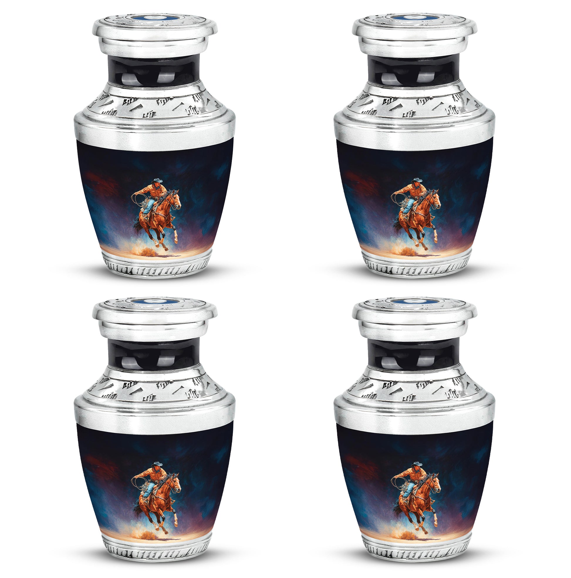 Deep Black Cowboy Cremation Urn back view with polished surface - modern art-inspired cowboy motif on sleek aluminum - 10 inch aluminum urn for cremated remains