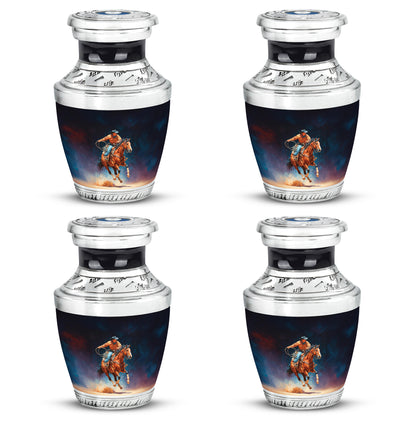Deep Black Cowboy Cremation Urn back view with polished surface - modern art-inspired cowboy motif on sleek aluminum - 10 inch aluminum urn for cremated remains