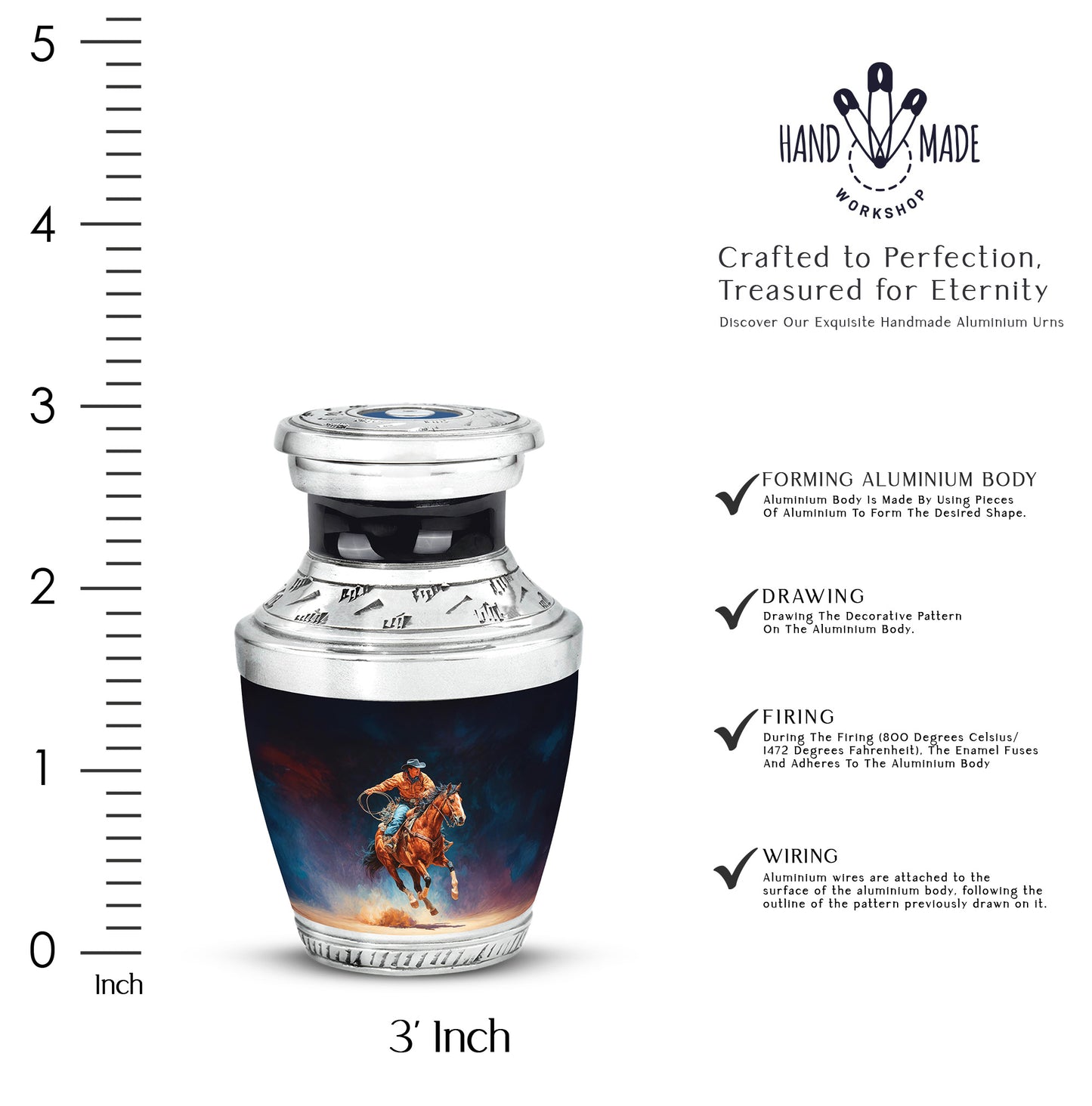Ebony Cowboy Cremation Urn top-down view of secure threaded lid - contemporary cowboy design with modern artistic flair - mini keepsake memorial for portion of cremation ashes