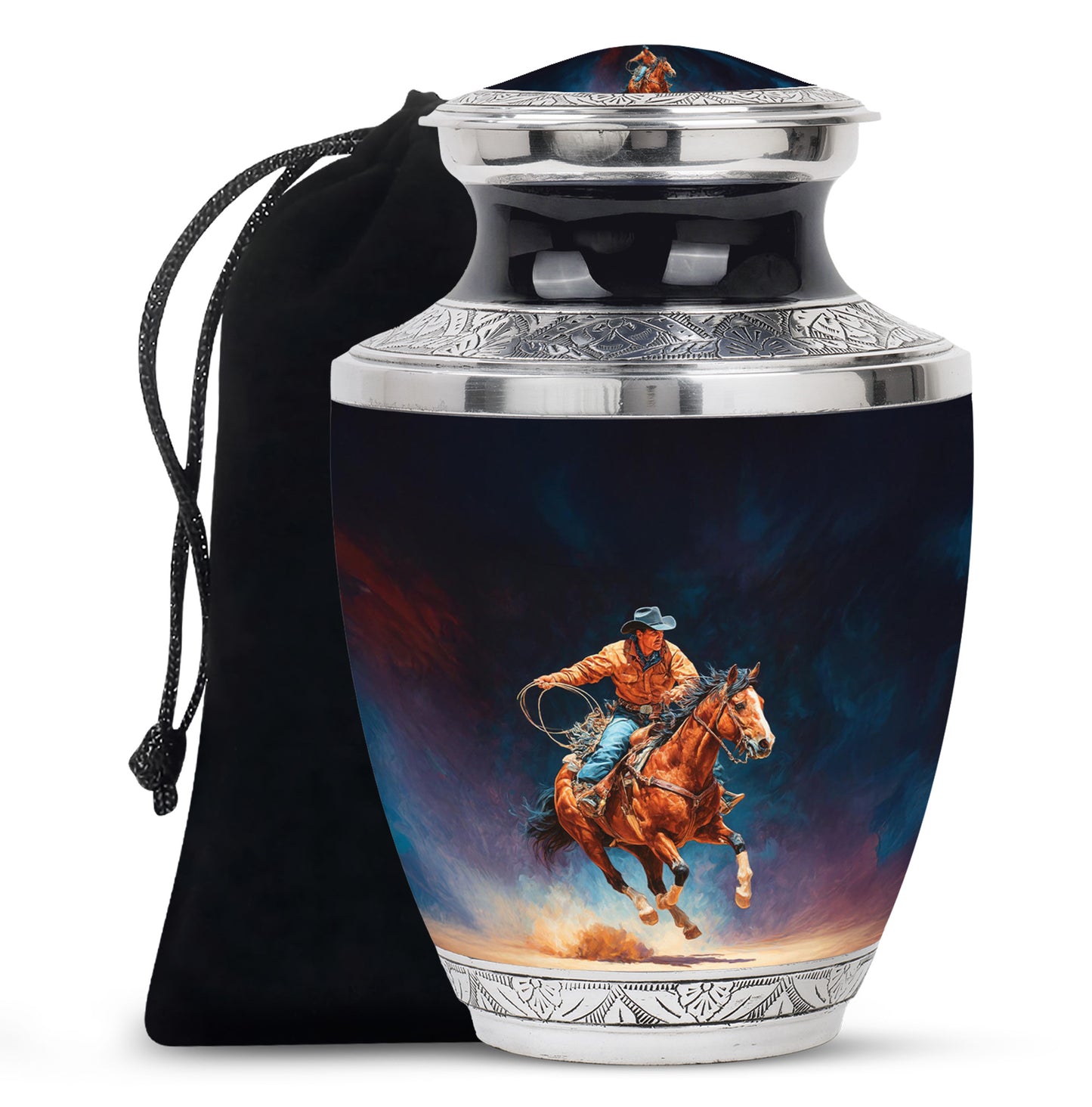 Obsidian Black Cowboy Cremation Urn side profile showing urn shape - stylized abstract cowboy pattern with bold lines - full-size 10 inch 200 cubic inch adult cremation urn