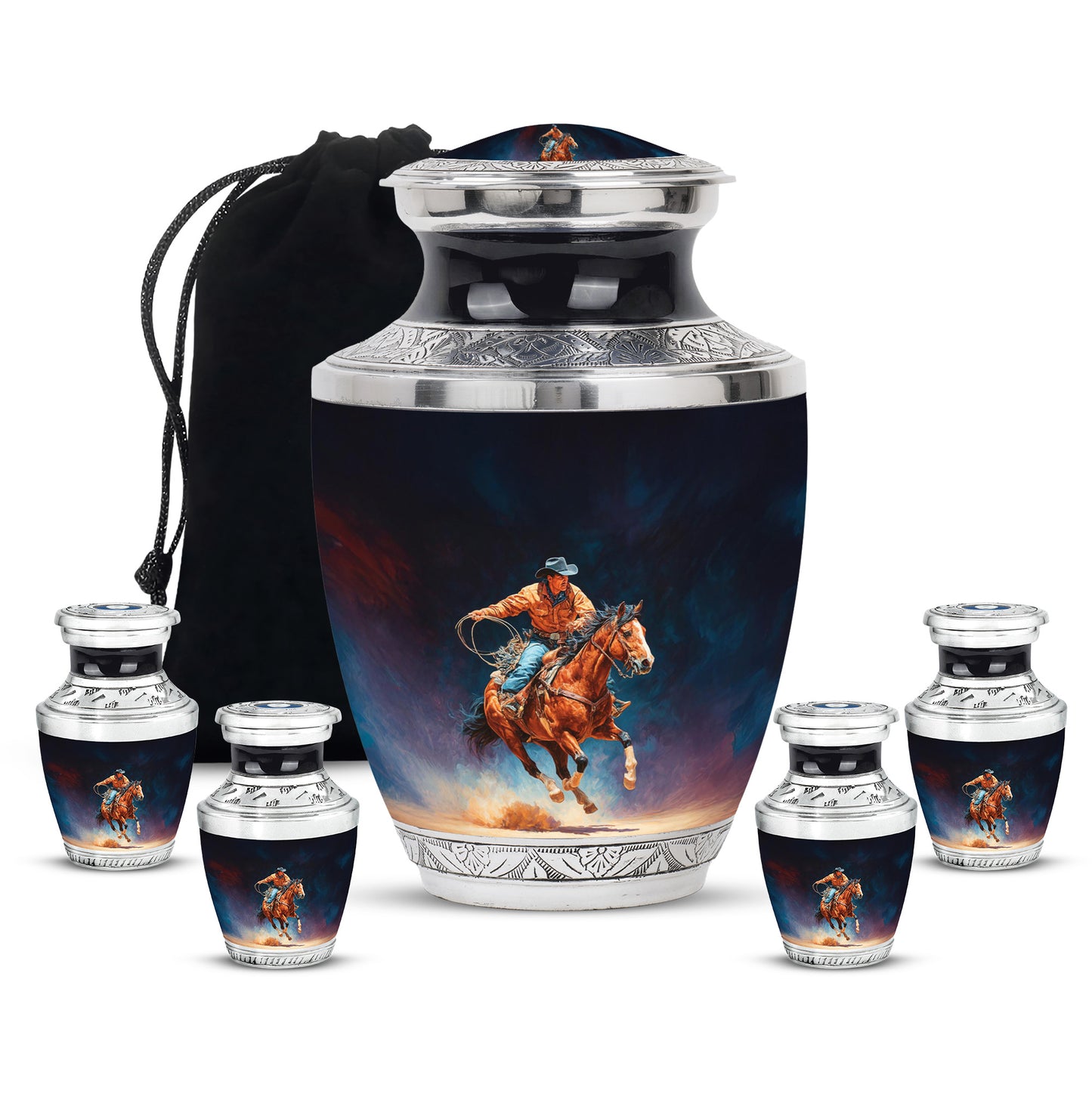 Onyx Black Cowboy Cremation Urn lifestyle display on memorial shelf - artistic cowboy interpretation with creative detail - memorial set with one large and four small urns