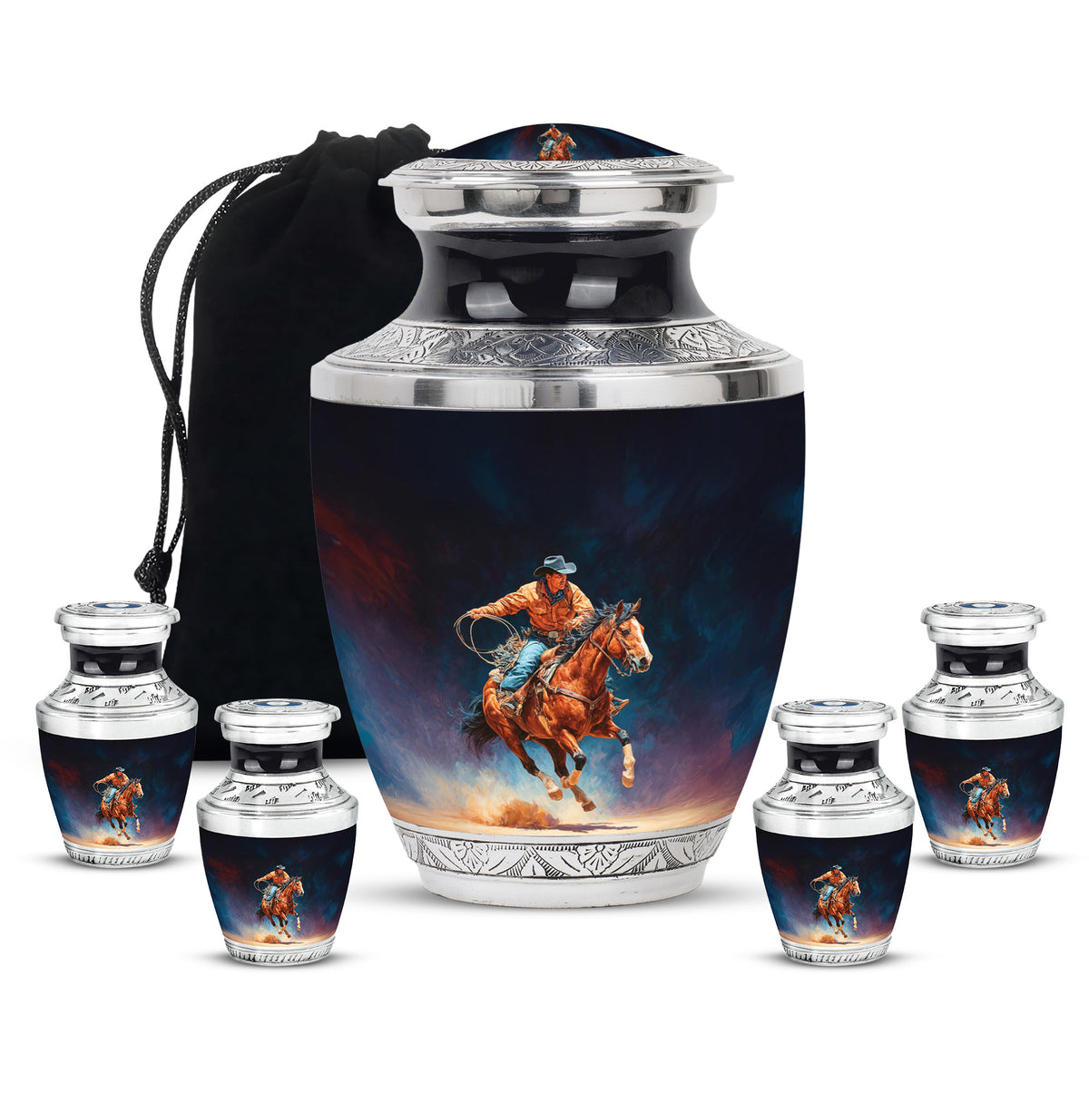 Onyx Black Cowboy Cremation Urn lifestyle display on memorial shelf - artistic cowboy interpretation with creative detail - memorial set with one large and four small urns